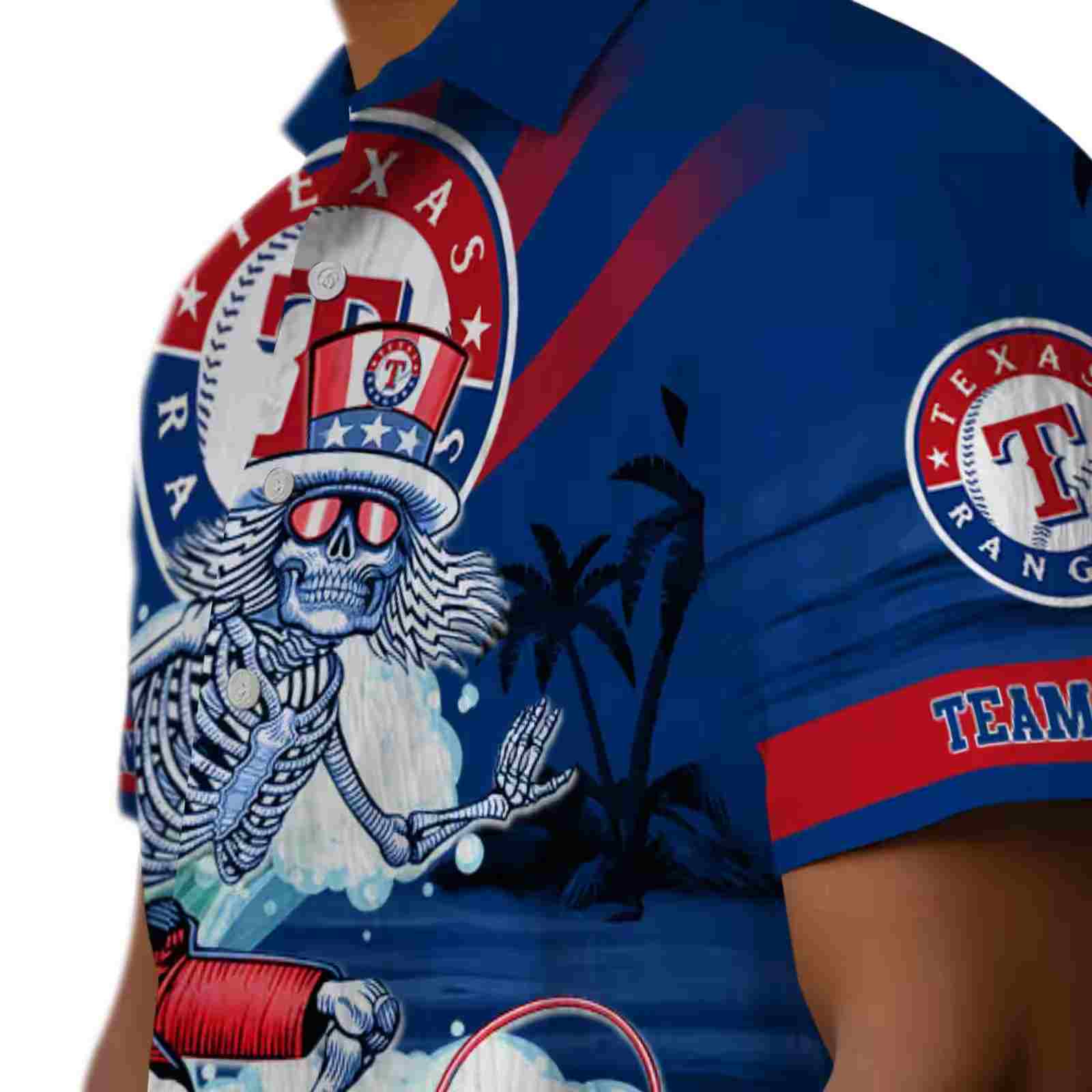 custom texas rangers surfing skeleton blue hawaiian shirt trendy