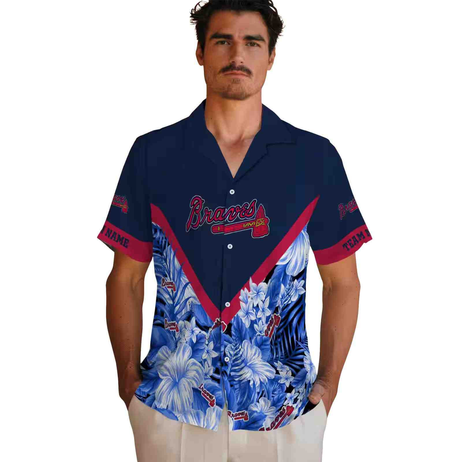 customized atlanta braves floral chevron navy hawaiian shirt fashion forward