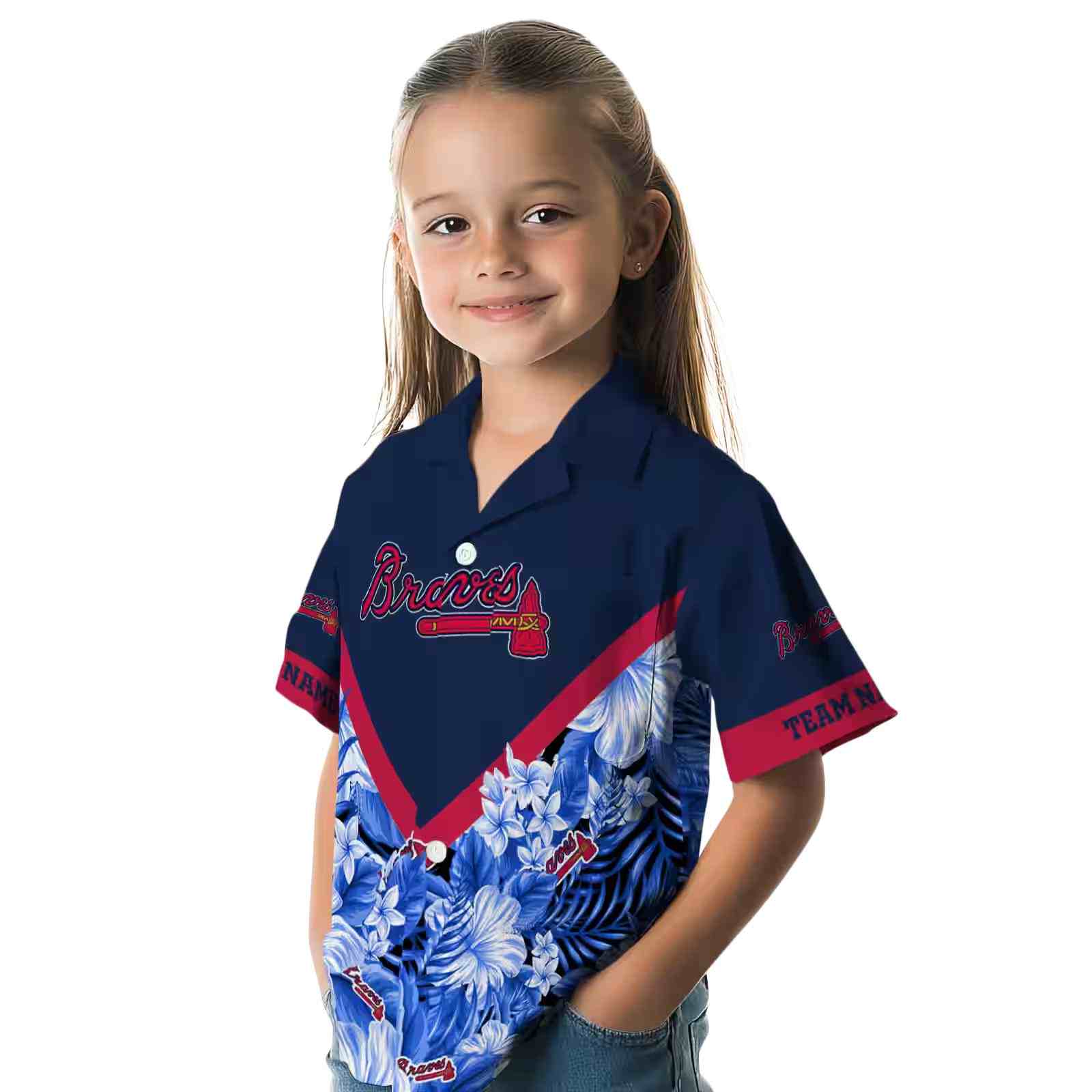 customized atlanta braves floral chevron navy hawaiian shirt premium grade