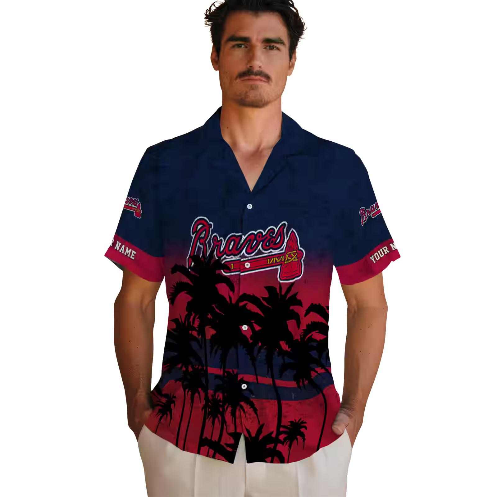 customized atlanta braves sunset pattern navy black hawaiian shirt fashion forward