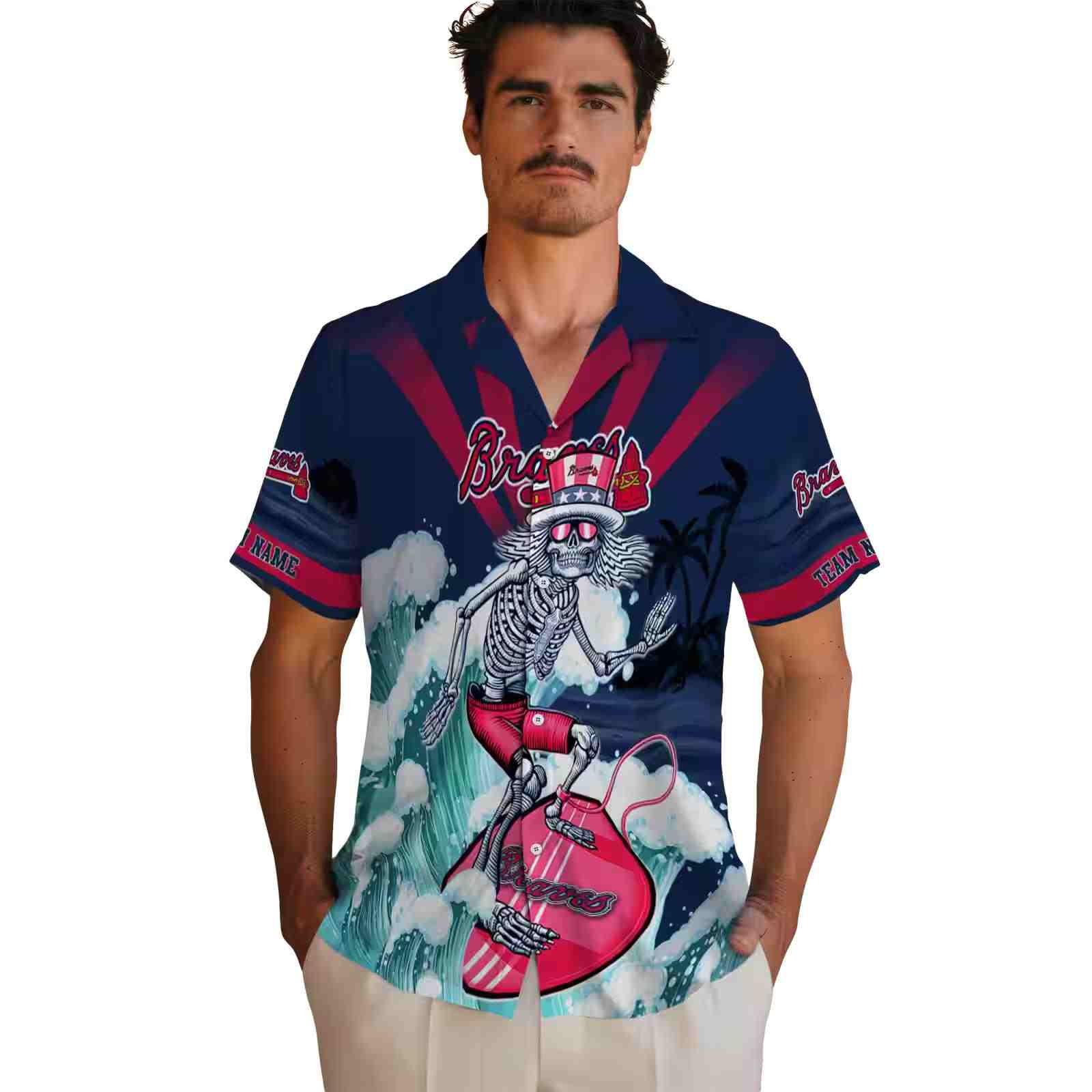 customized atlanta braves surfing skeleton navy blue hawaiian shirt fashion forward