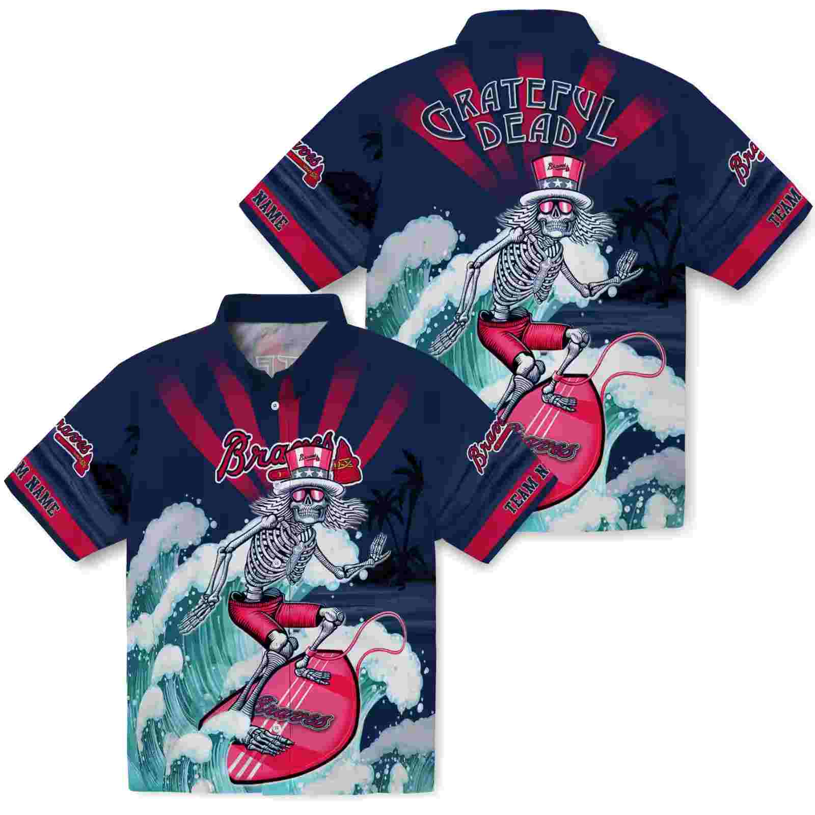 customized atlanta braves surfing skeleton navy blue hawaiian shirt high quality