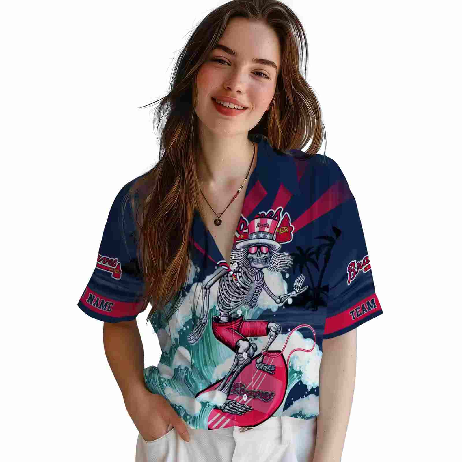 customized atlanta braves surfing skeleton navy blue hawaiian shirt latest model