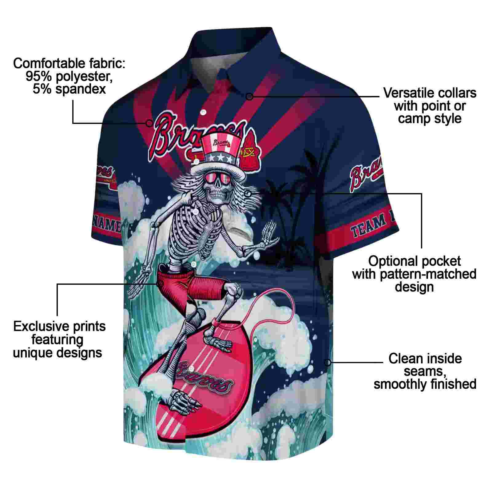 customized atlanta braves surfing skeleton navy blue hawaiian shirt new arrival