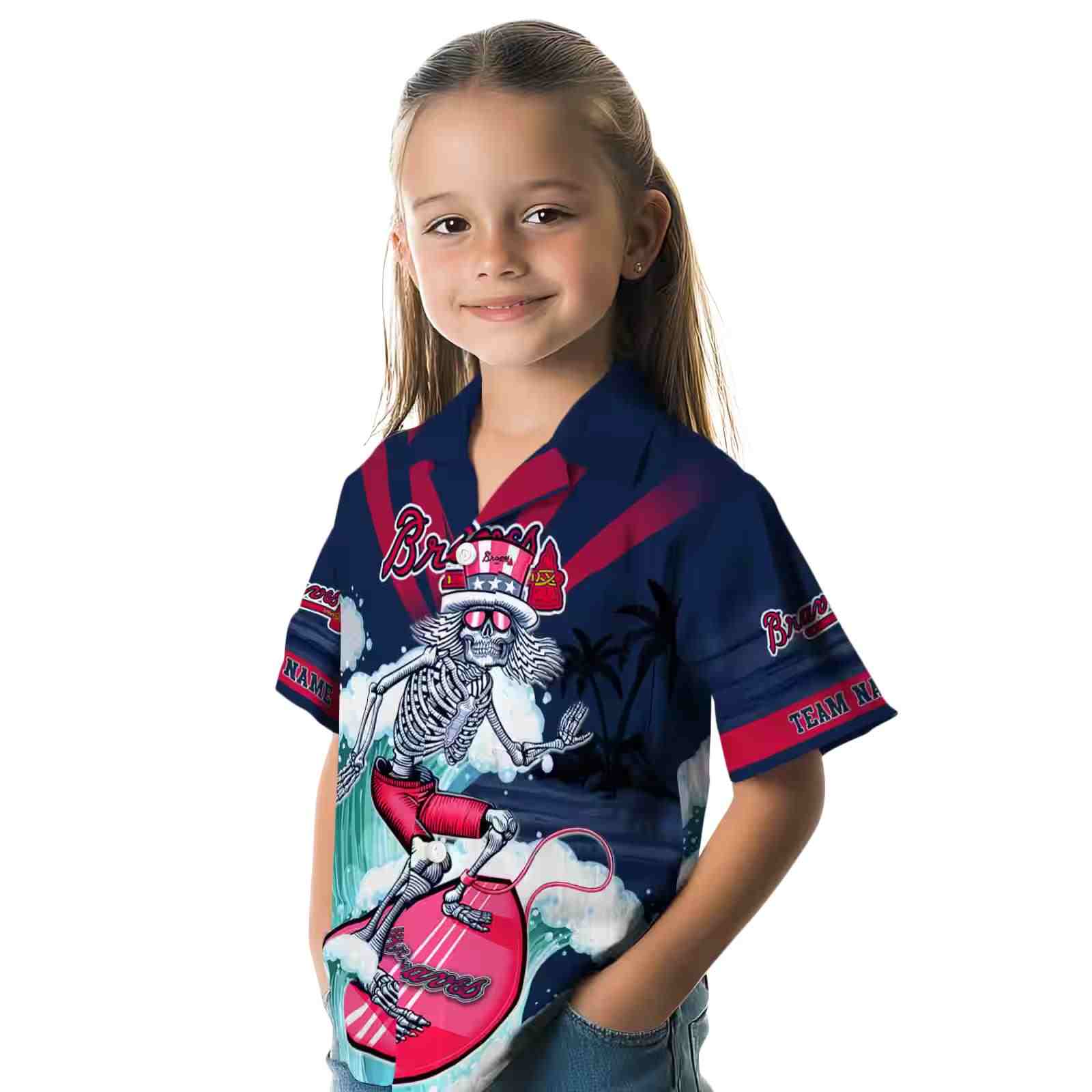 customized atlanta braves surfing skeleton navy blue hawaiian shirt premium grade