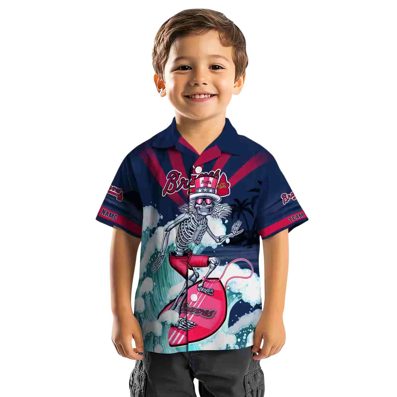 customized atlanta braves surfing skeleton navy blue hawaiian shirt top rated