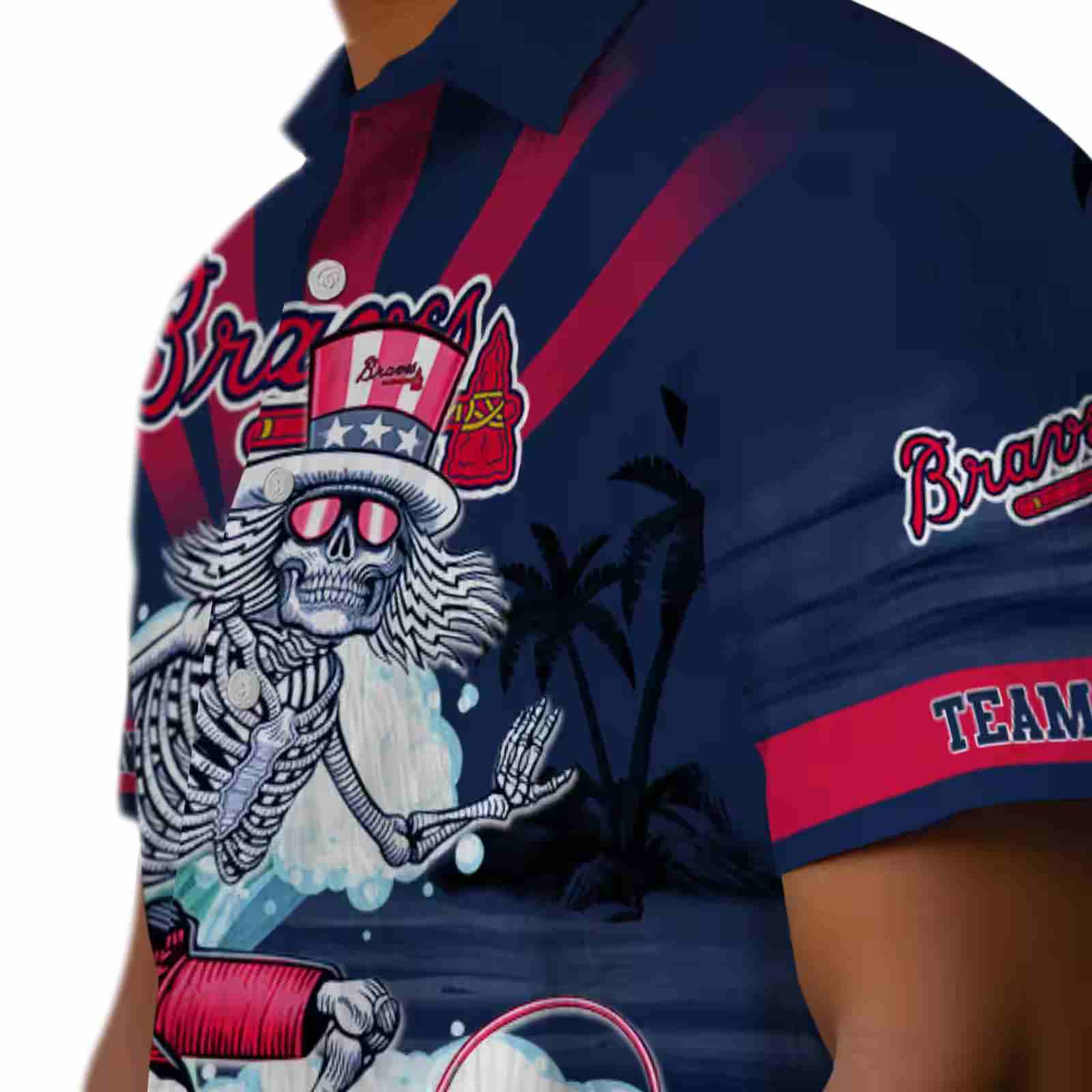 customized atlanta braves surfing skeleton navy blue hawaiian shirt trendy