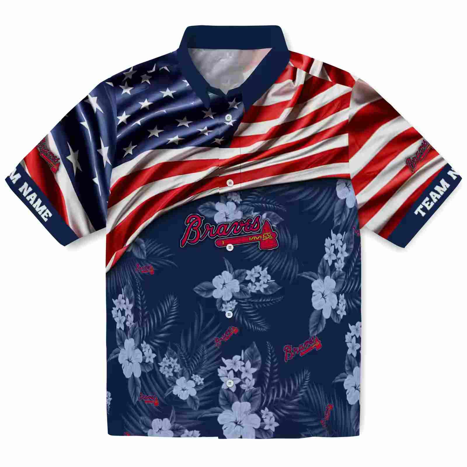 Customized Atlanta Braves US Flag Hibiscus Navy Hawaiian Shirt