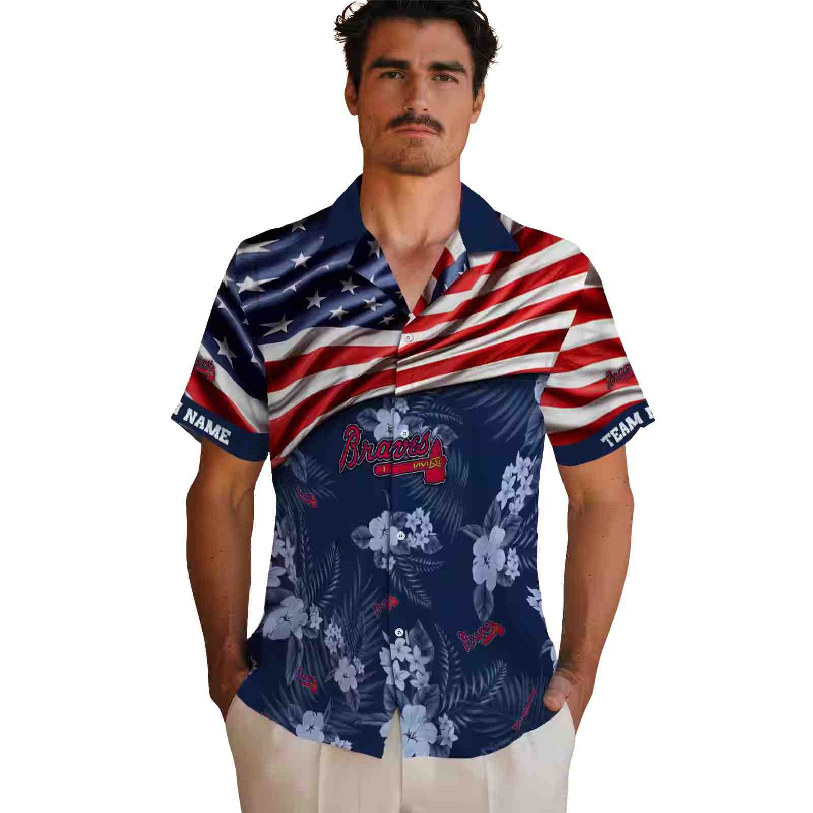 customized atlanta braves us flag hibiscus navy hawaiian shirt fashion forward