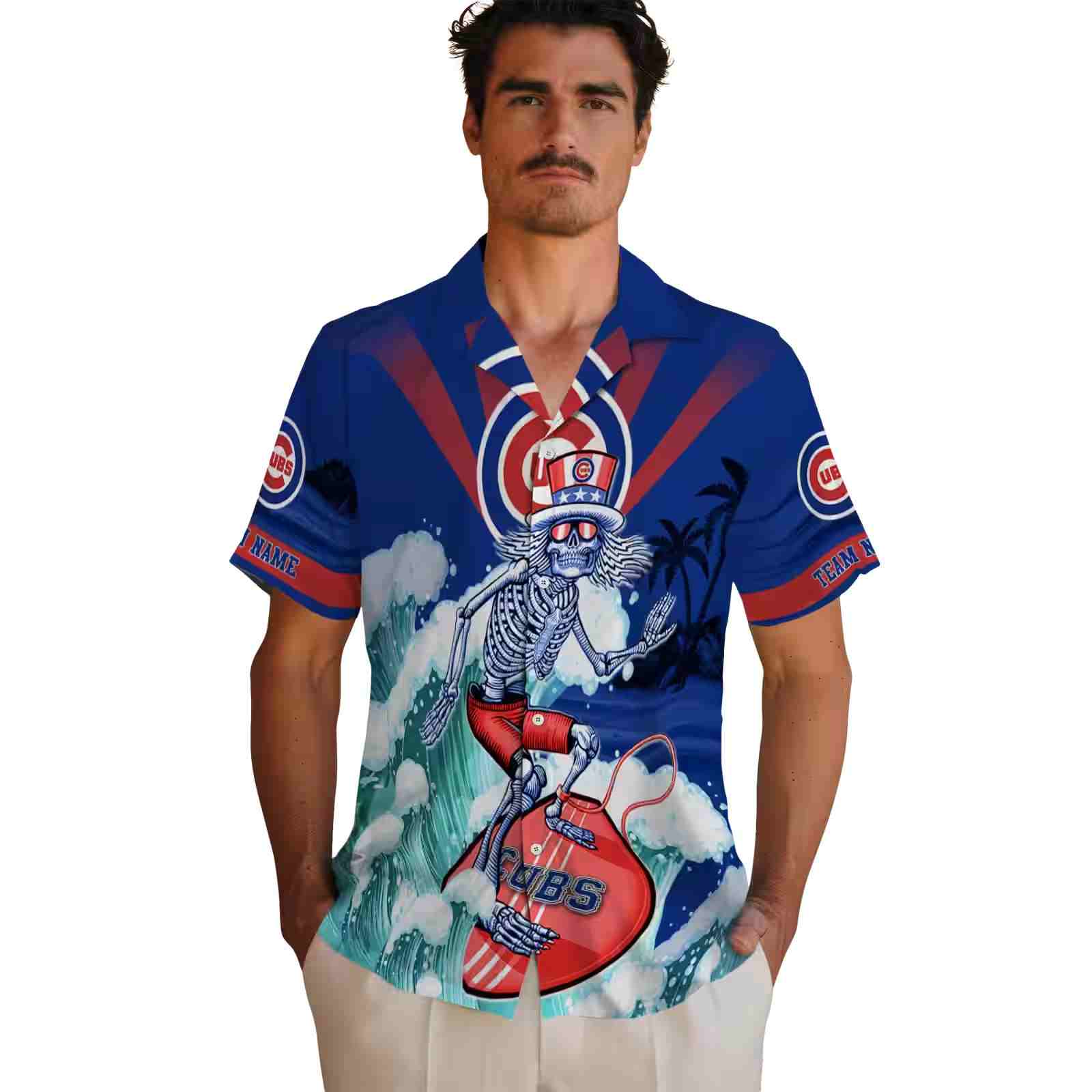 customized chicago cubs surfing skeleton blue hawaiian shirt fashion forward