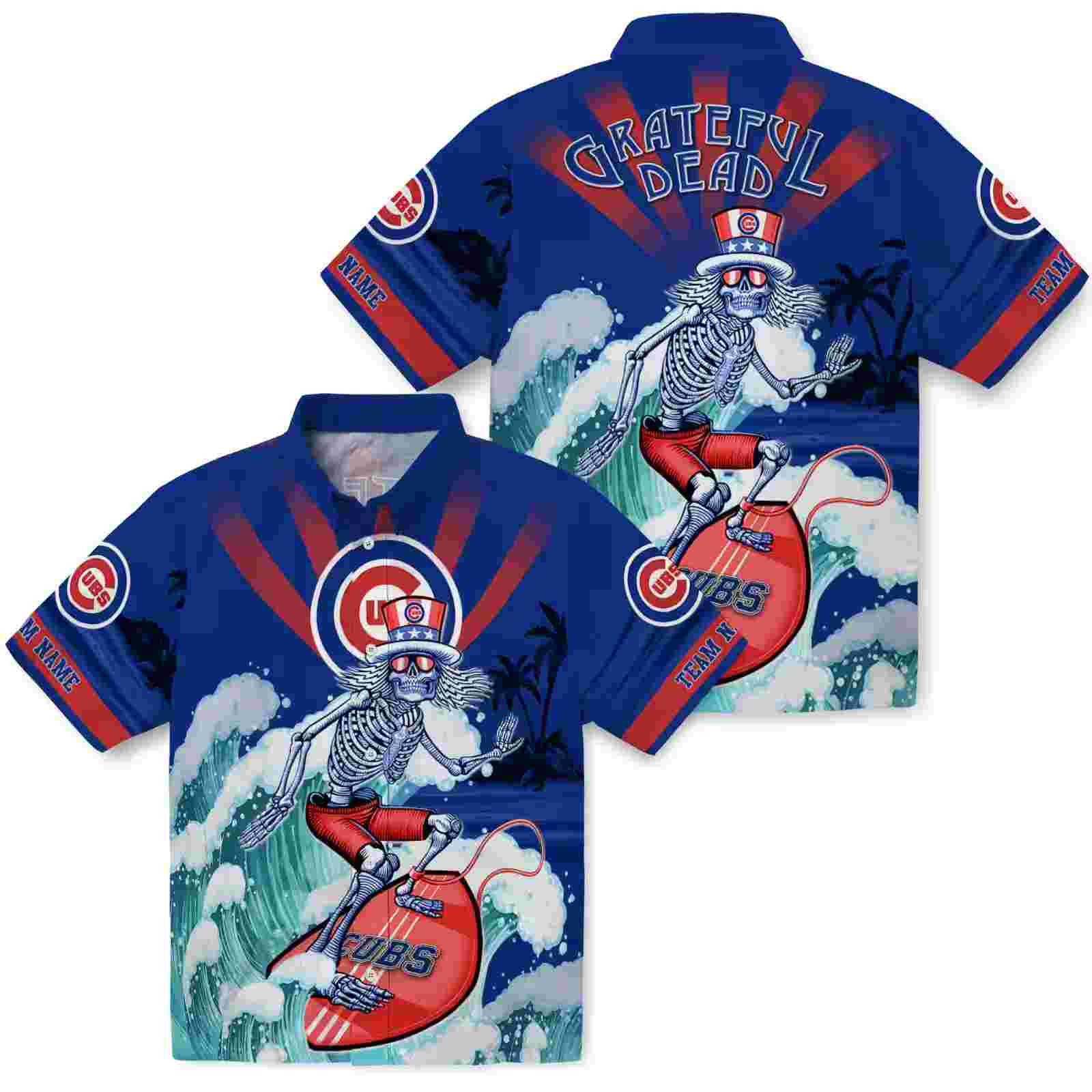 customized chicago cubs surfing skeleton blue hawaiian shirt high quality