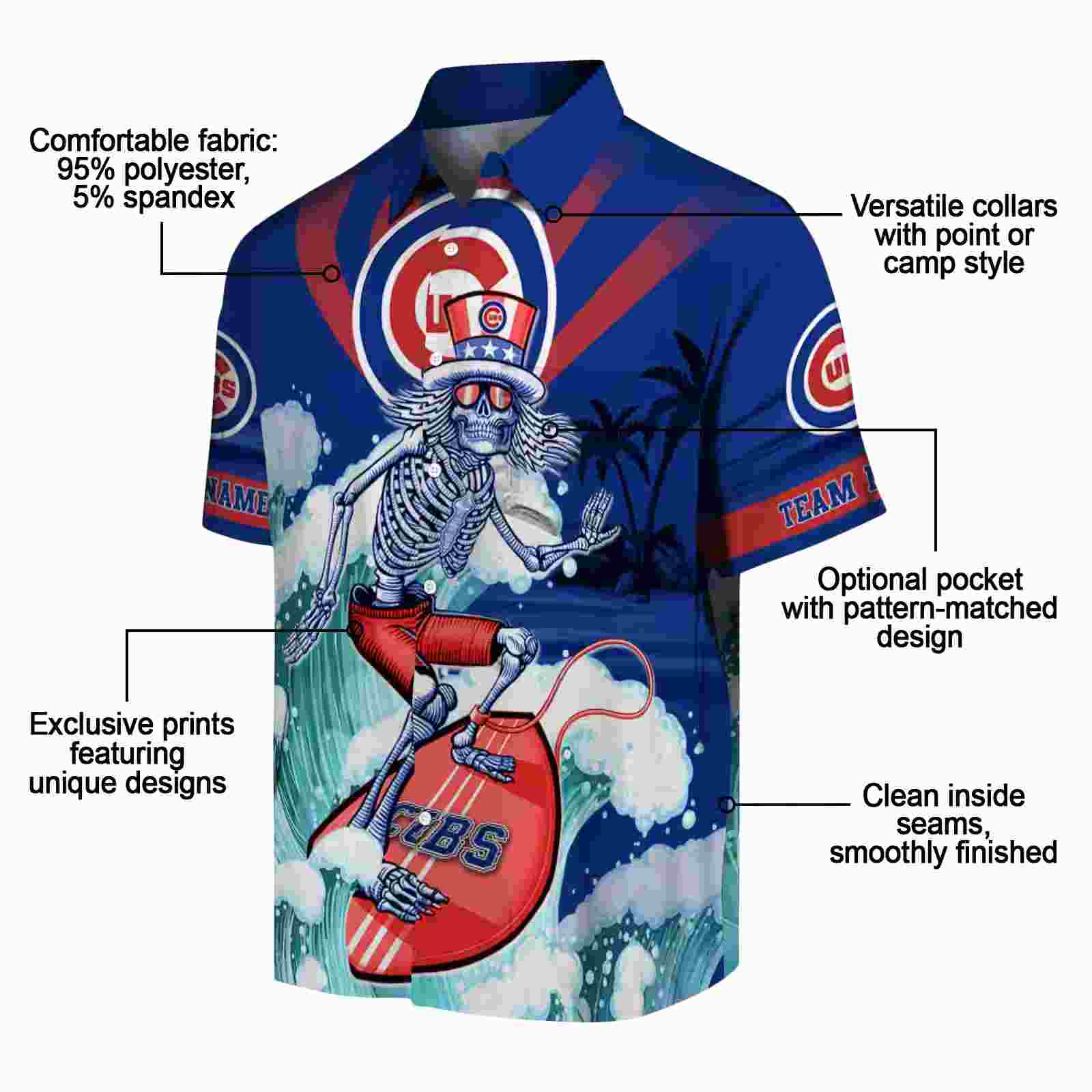 customized chicago cubs surfing skeleton blue hawaiian shirt new arrival