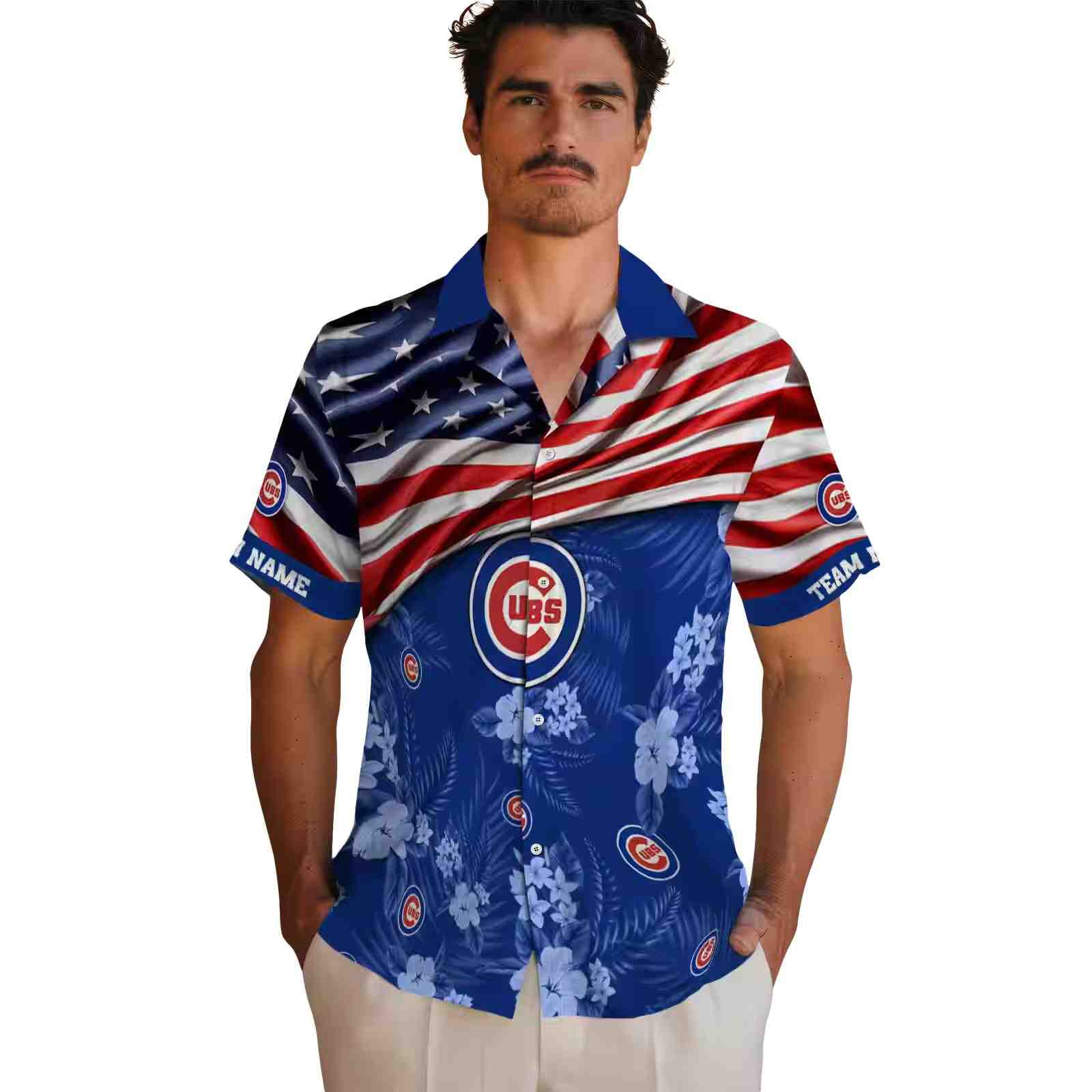 customized chicago cubs us flag hibiscus blue hawaiian shirt fashion forward