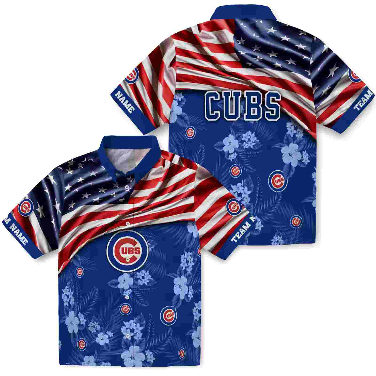 customized chicago cubs us flag hibiscus blue hawaiian shirt high quality