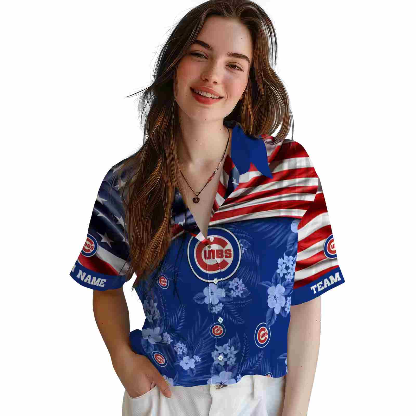 customized chicago cubs us flag hibiscus blue hawaiian shirt latest model