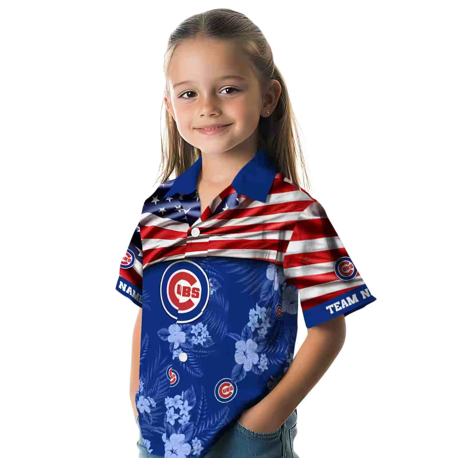 customized chicago cubs us flag hibiscus blue hawaiian shirt premium grade