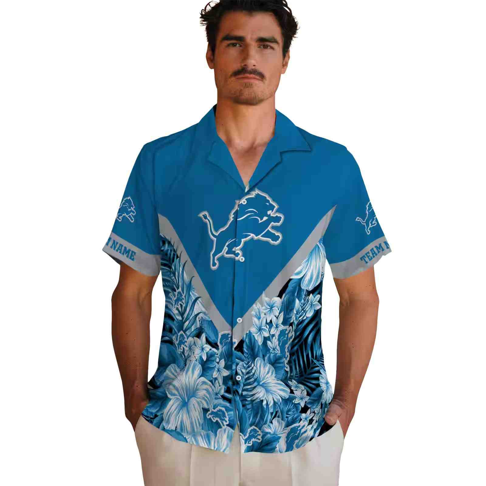 customized detroit lions floral chevron blue hawaiian shirt fashion forward