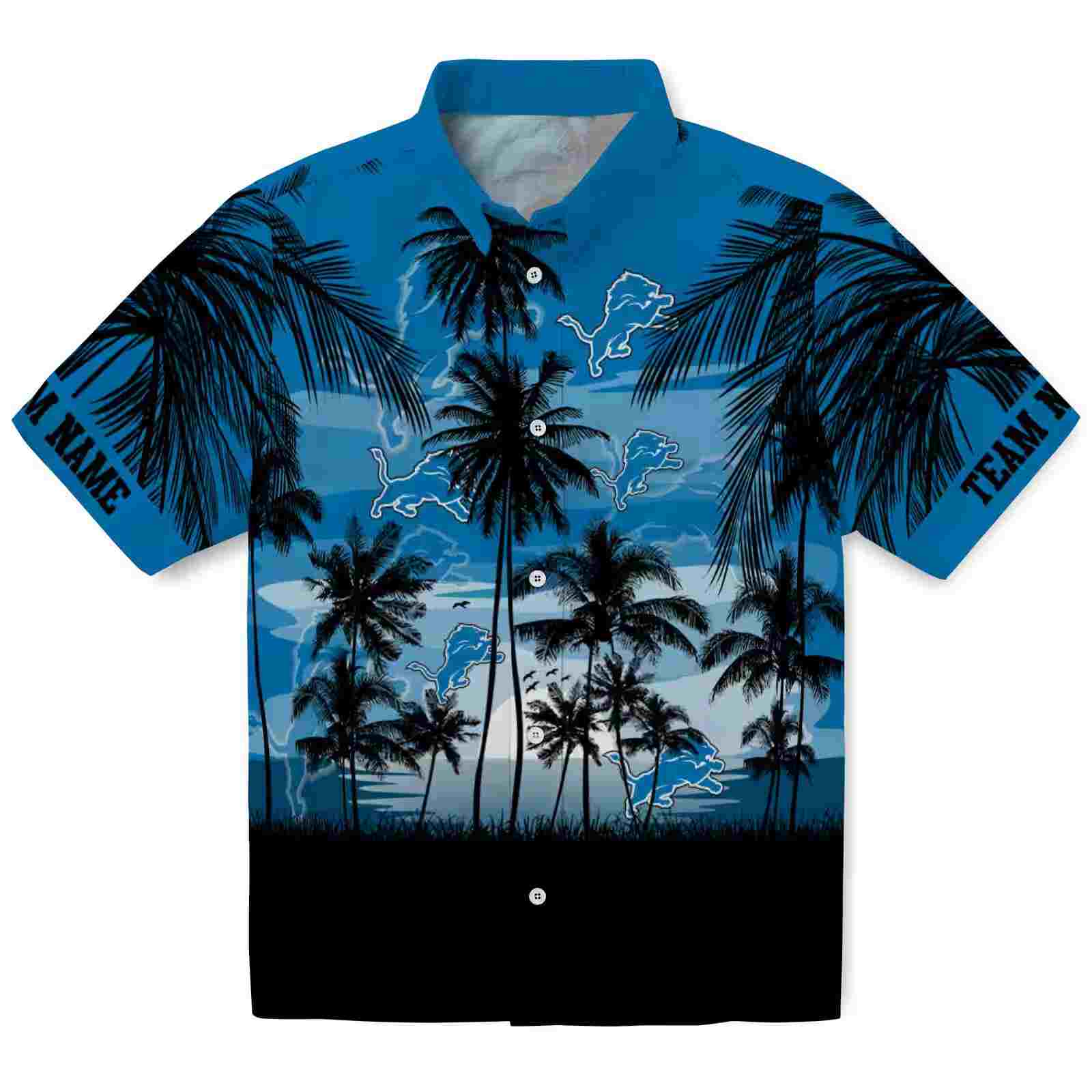 Customized Detroit Lions Sunset Scene Blue Black Hawaiian Shirt