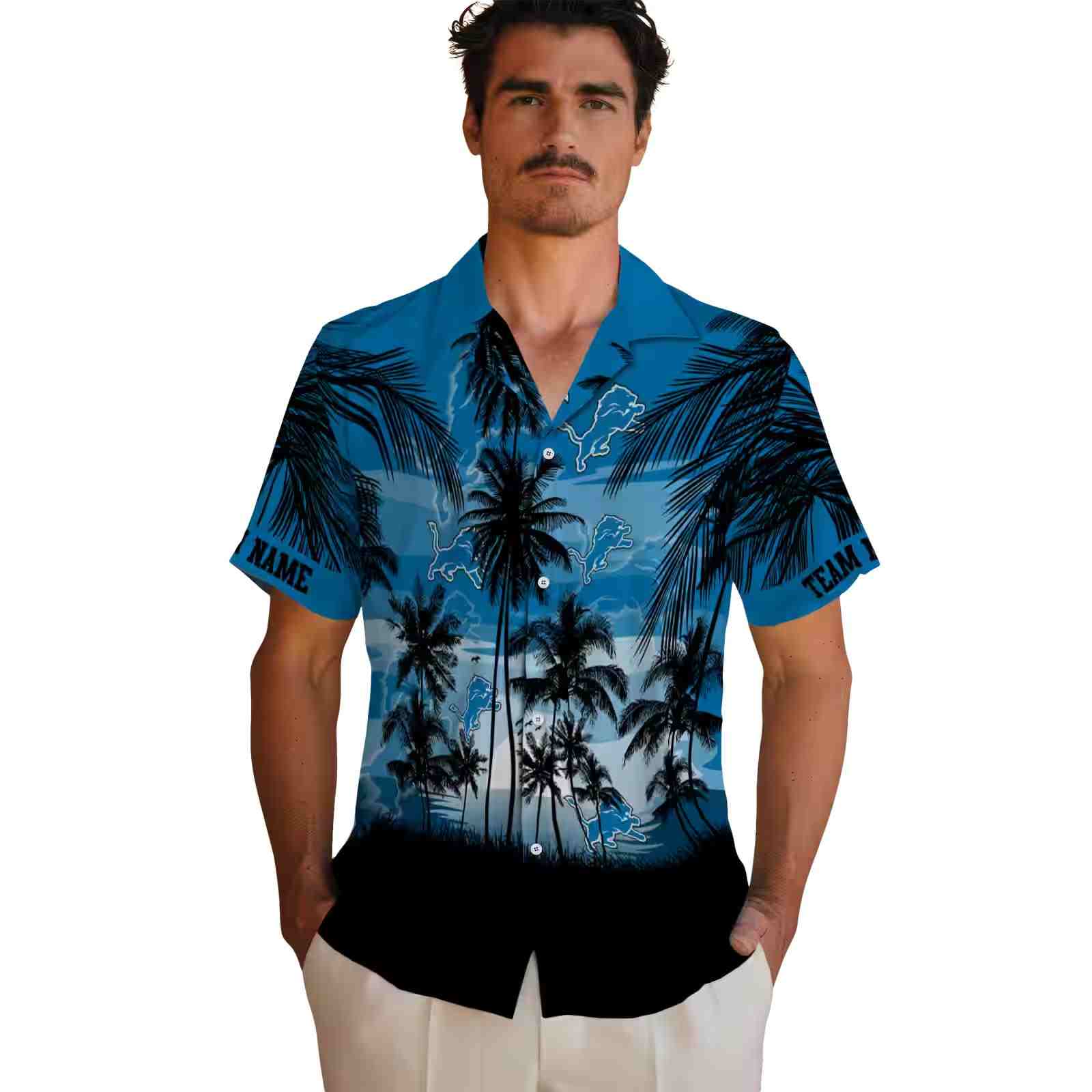 customized detroit lions sunset scene blue black hawaiian shirt fashion forward