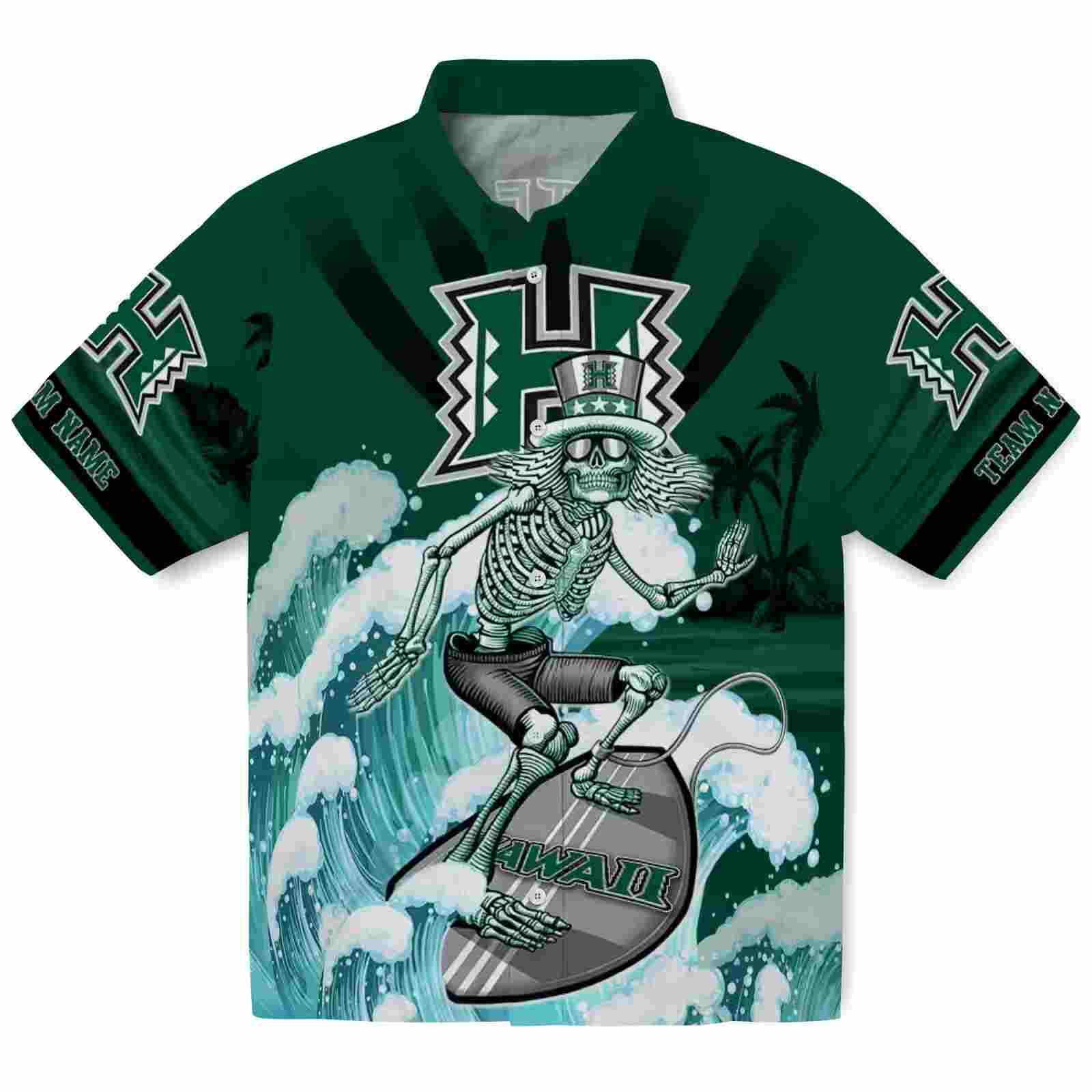 Customized Hawaii Rainbow Warriors Surfing Skeleton Green Blue Hawaiian Shirt