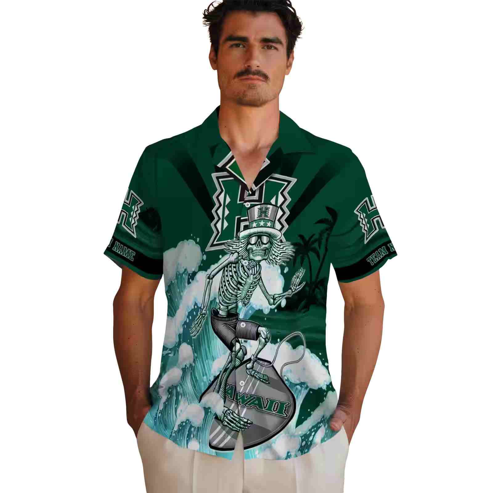 customized hawaii rainbow warriors surfing skeleton green blue hawaiian shirt fashion forward