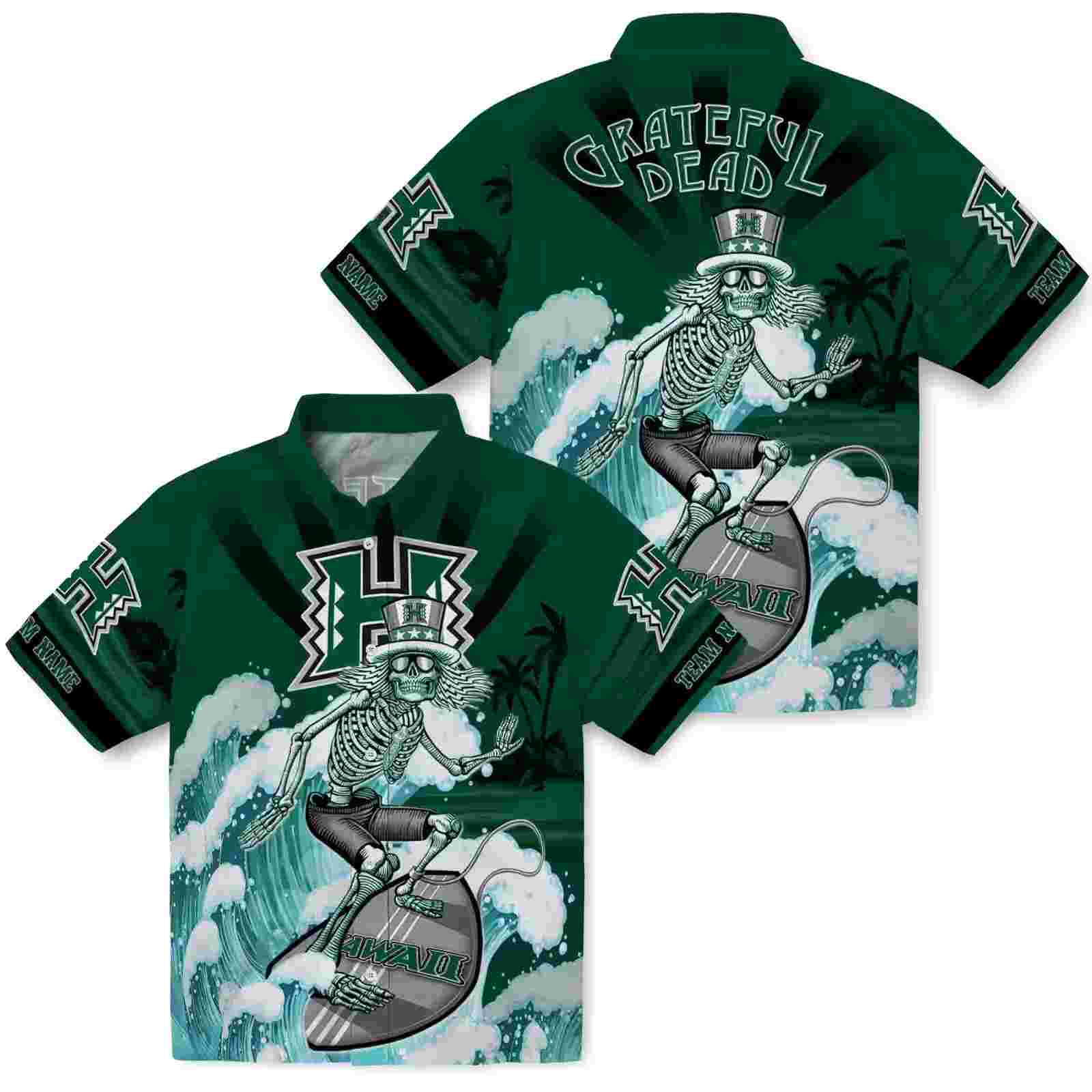 customized hawaii rainbow warriors surfing skeleton green blue hawaiian shirt high quality