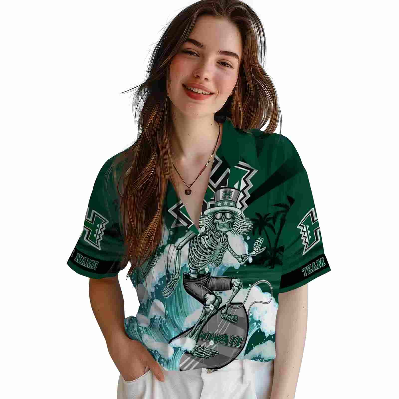 customized hawaii rainbow warriors surfing skeleton green blue hawaiian shirt latest model