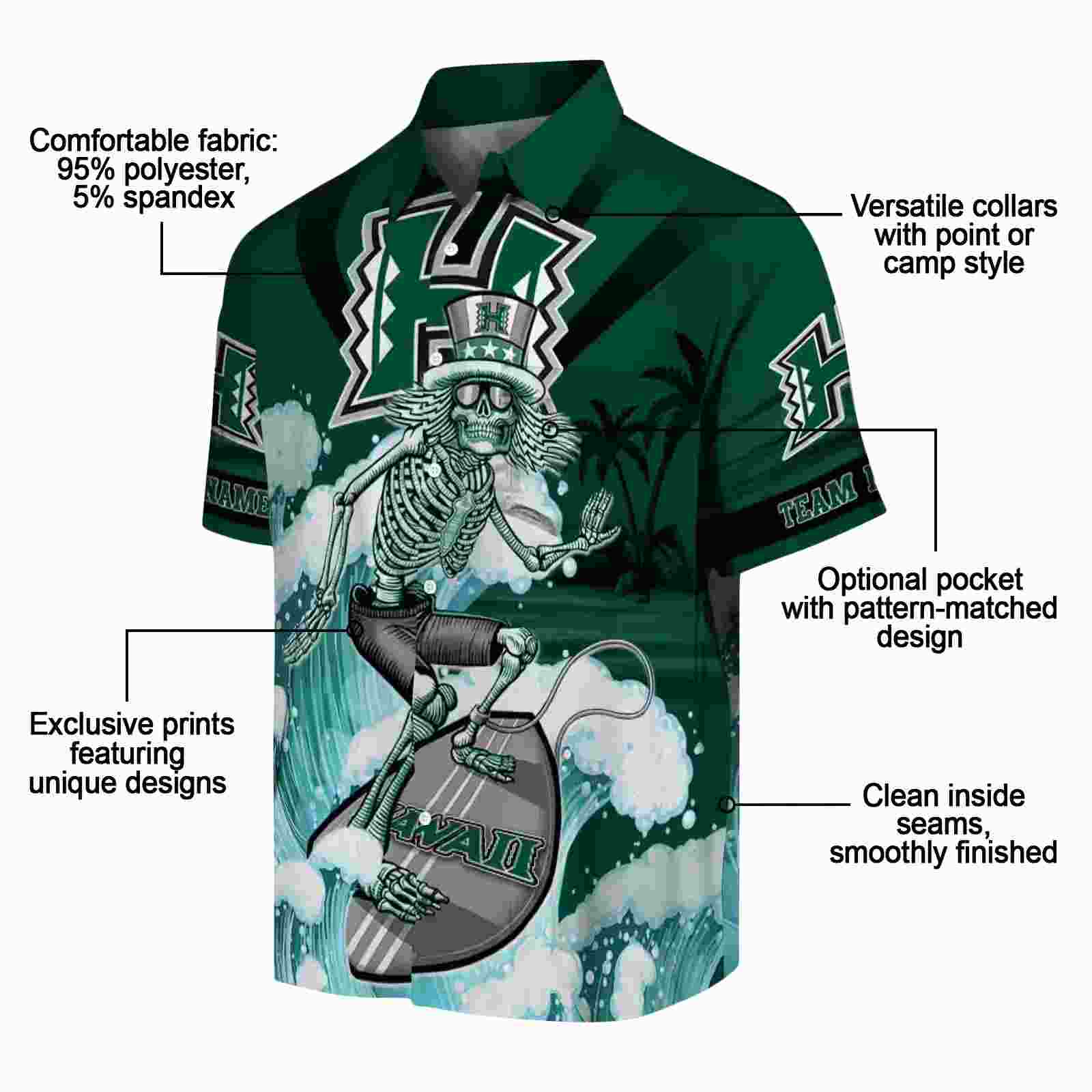 customized hawaii rainbow warriors surfing skeleton green blue hawaiian shirt new arrival