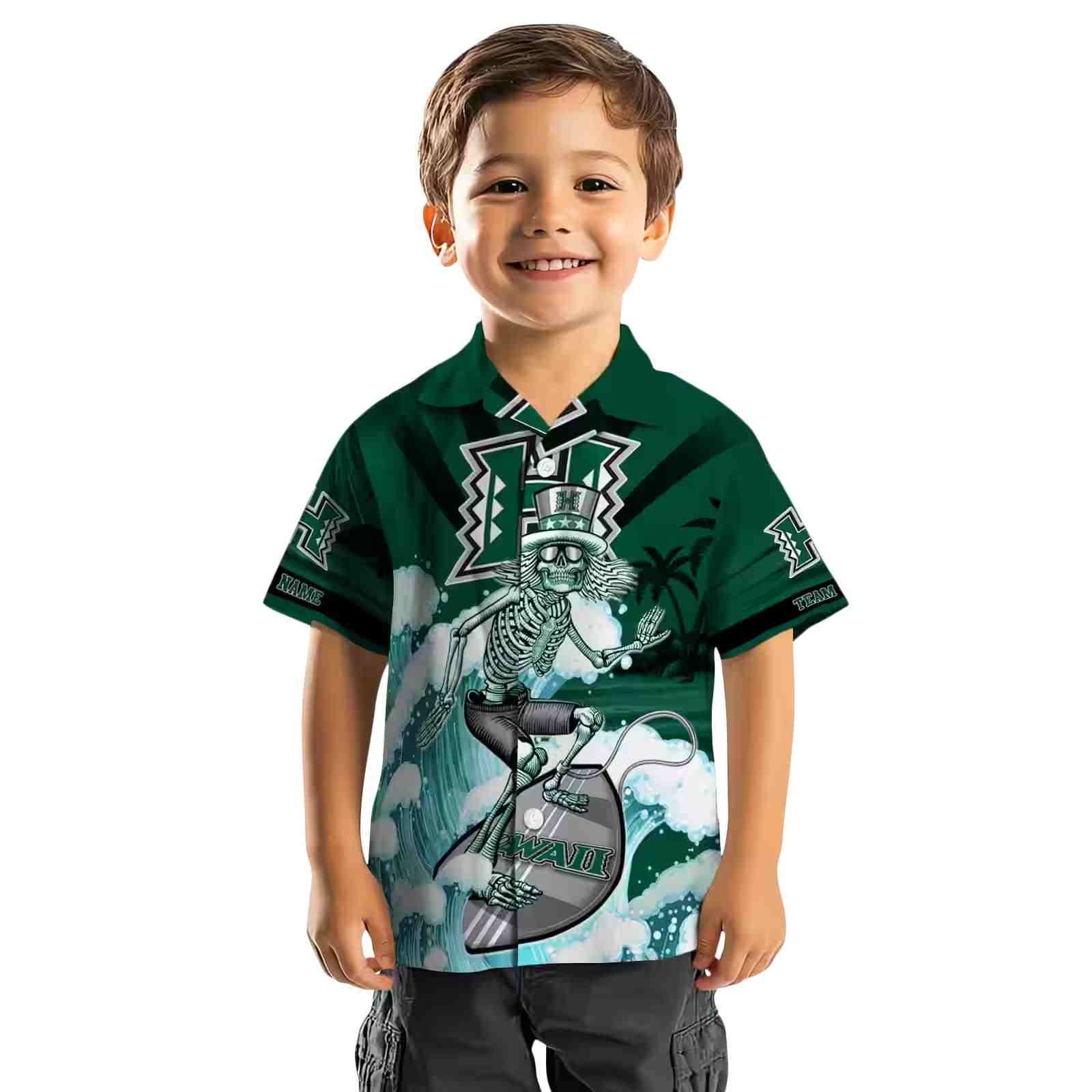 customized hawaii rainbow warriors surfing skeleton green blue hawaiian shirt top rated