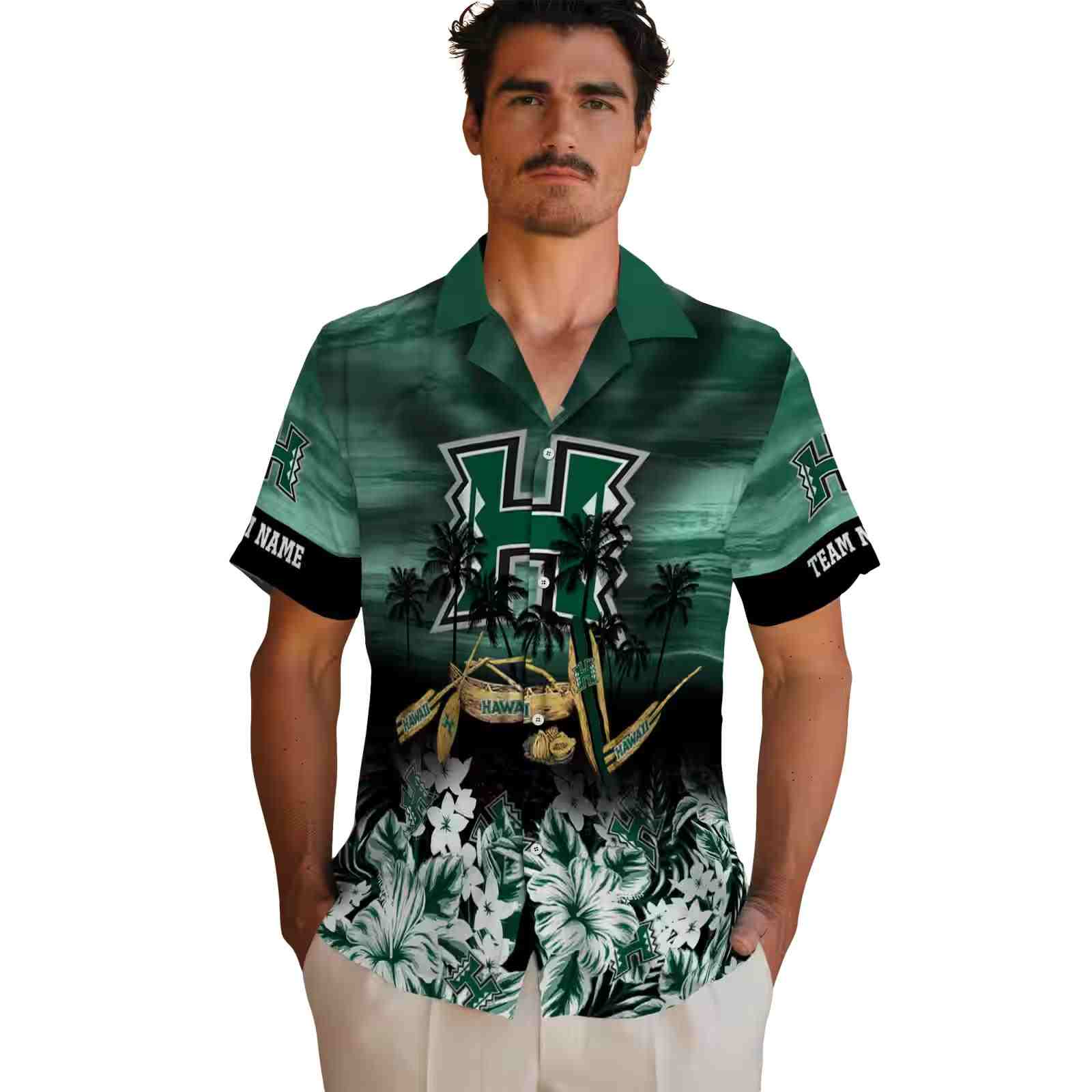 customized hawaii rainbow warriors tropical canoe green hawaiian shirt fashion forward