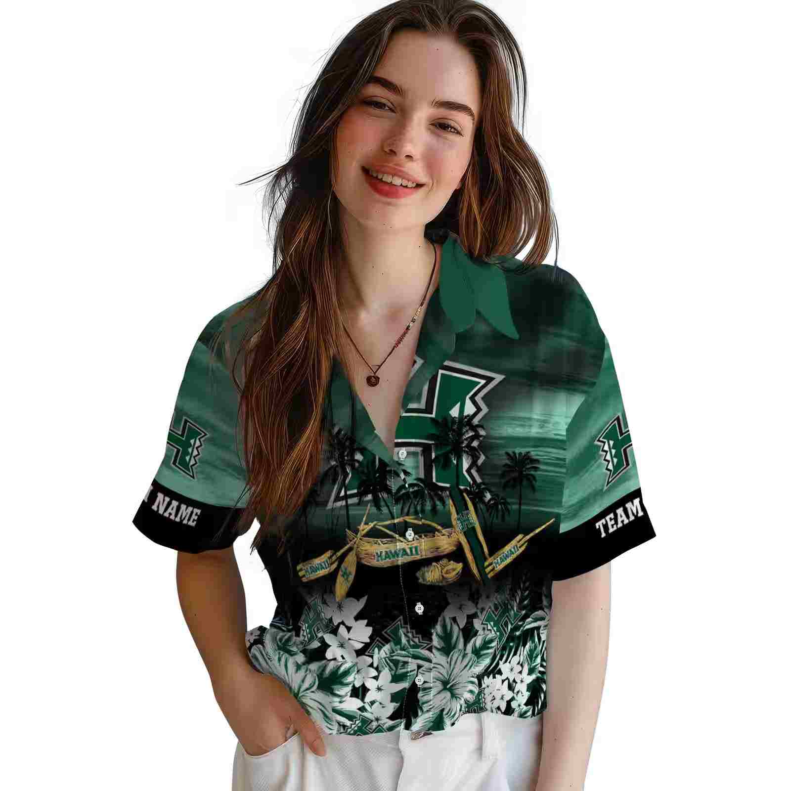 customized hawaii rainbow warriors tropical canoe green hawaiian shirt latest model