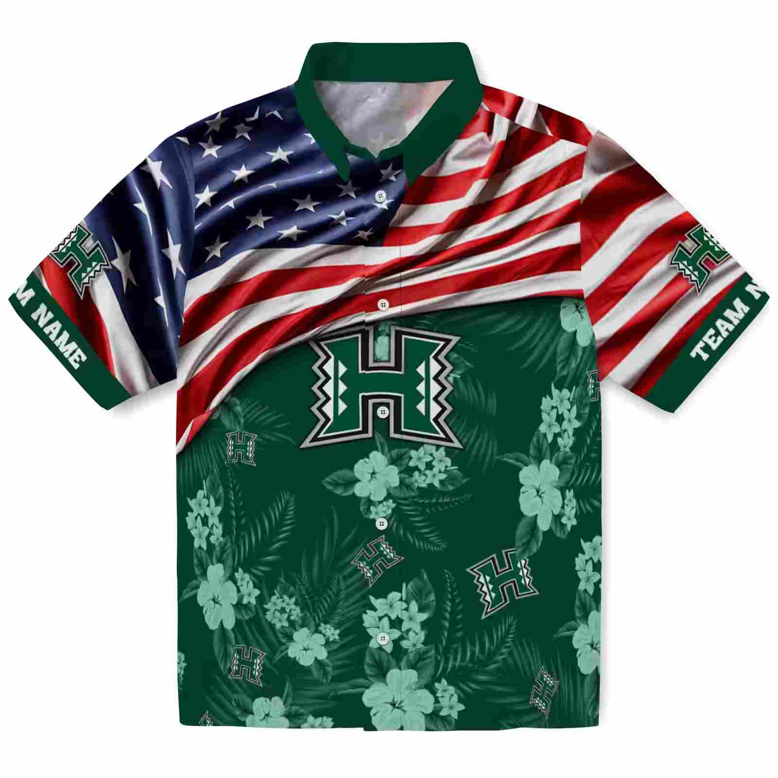 Customized Hawaii Rainbow Warriors US Flag Hibiscus Green Hawaiian Shirt