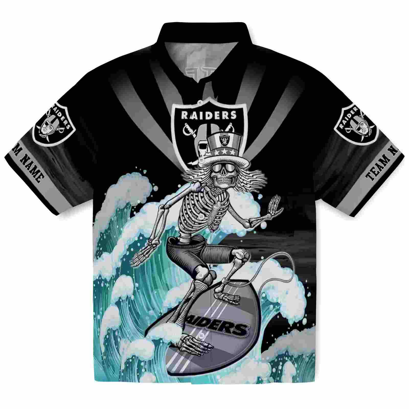 Customized Las Vegas Raiders Surfing Skeleton Black Blue Hawaiian Shirt