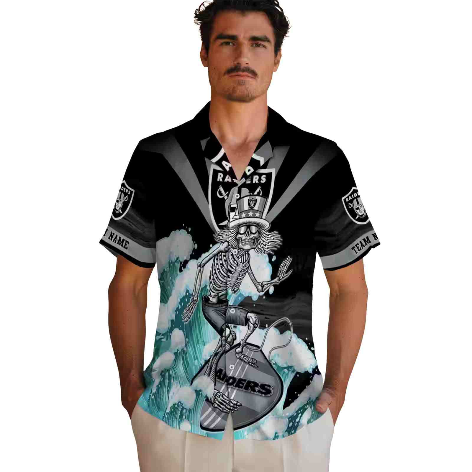 customized las vegas raiders surfing skeleton black blue hawaiian shirt fashion forward