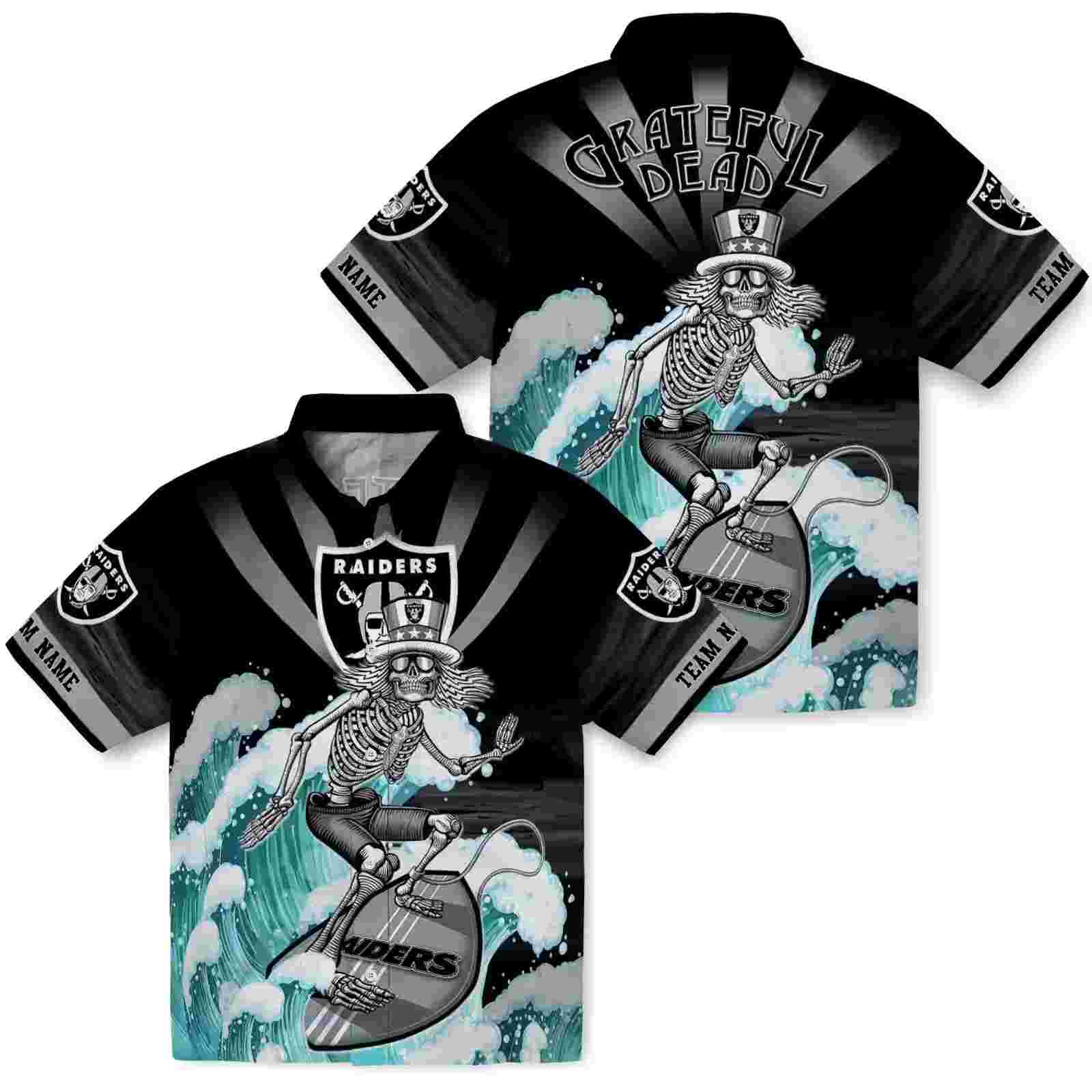 customized las vegas raiders surfing skeleton black blue hawaiian shirt high quality