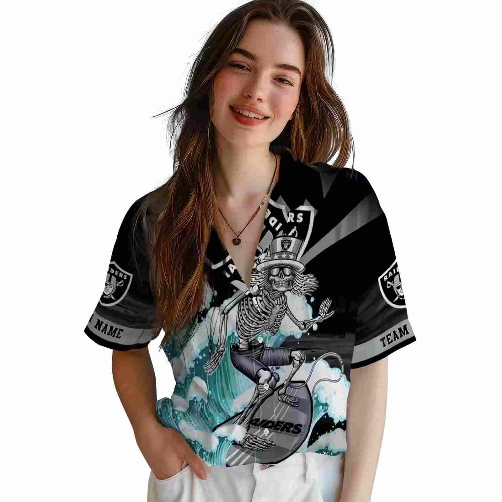 customized las vegas raiders surfing skeleton black blue hawaiian shirt latest model