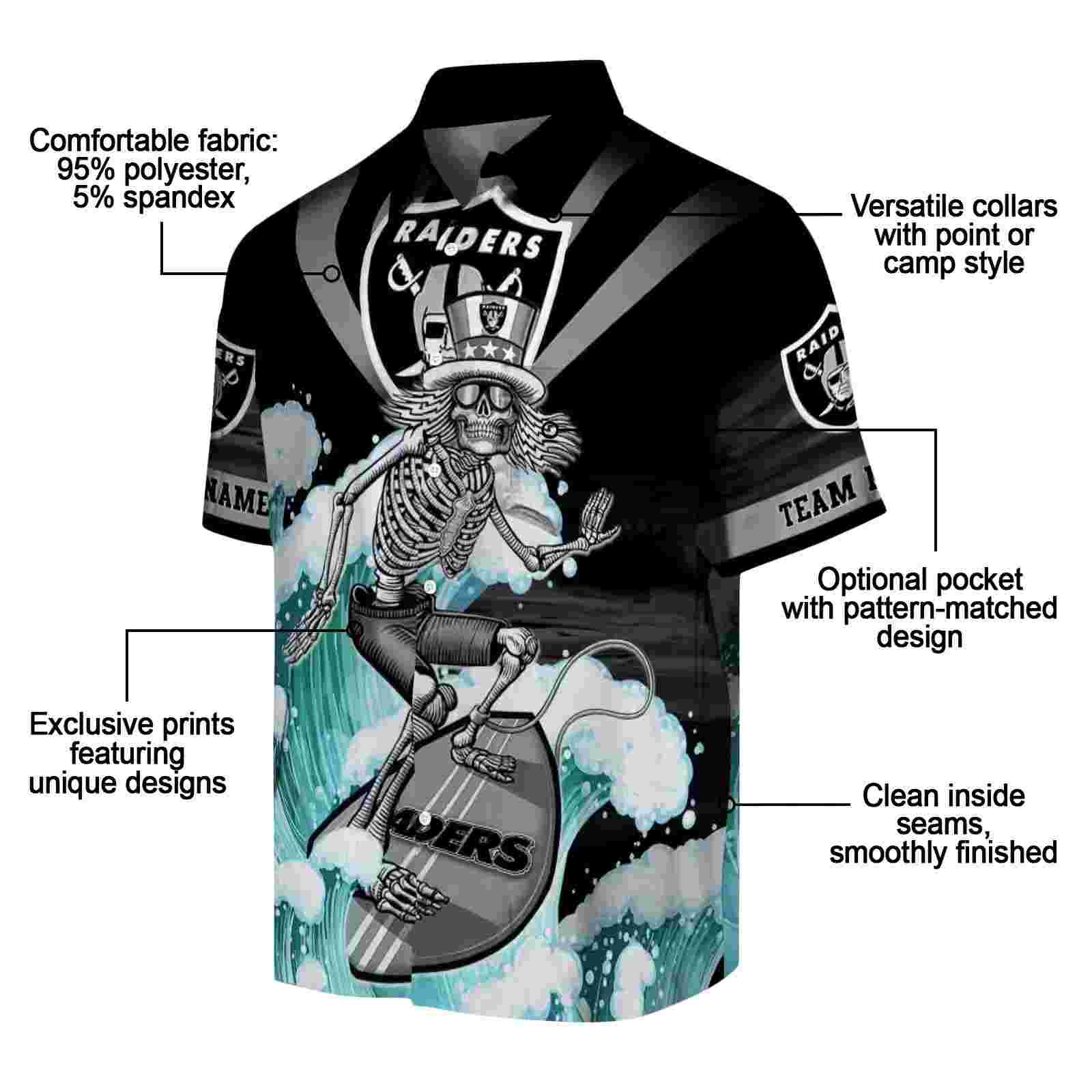 customized las vegas raiders surfing skeleton black blue hawaiian shirt new arrival