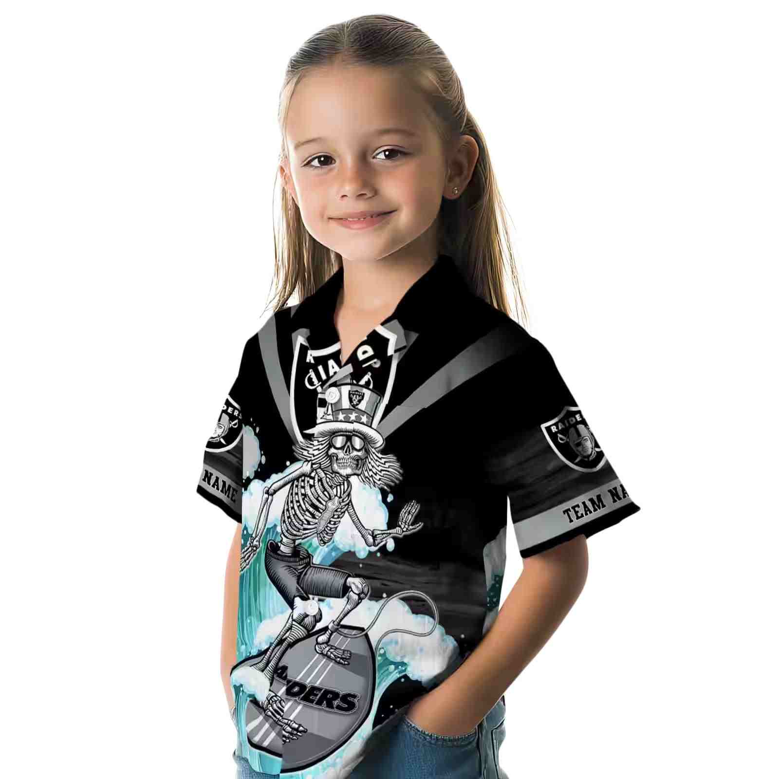 customized las vegas raiders surfing skeleton black blue hawaiian shirt premium grade