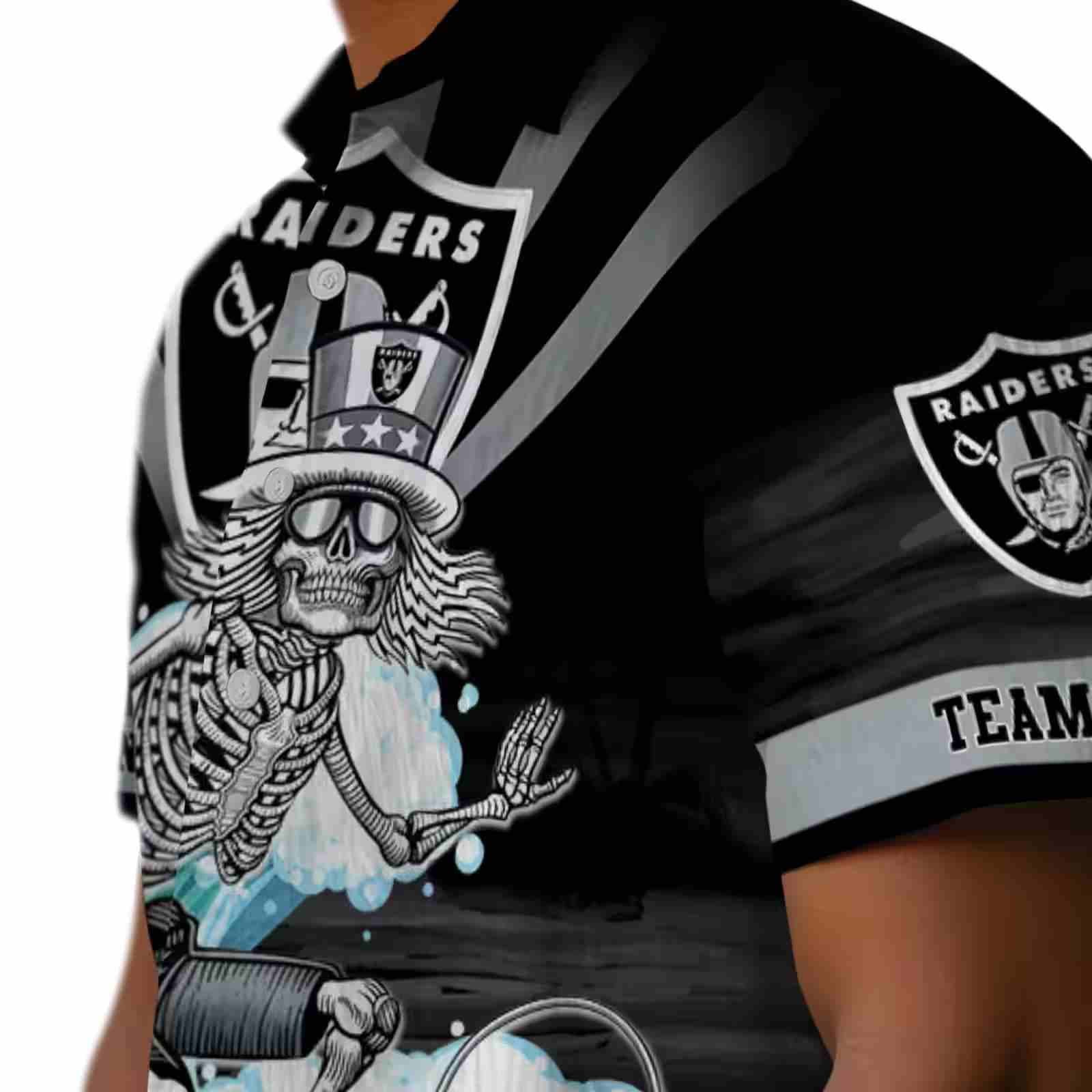 customized las vegas raiders surfing skeleton black blue hawaiian shirt trendy