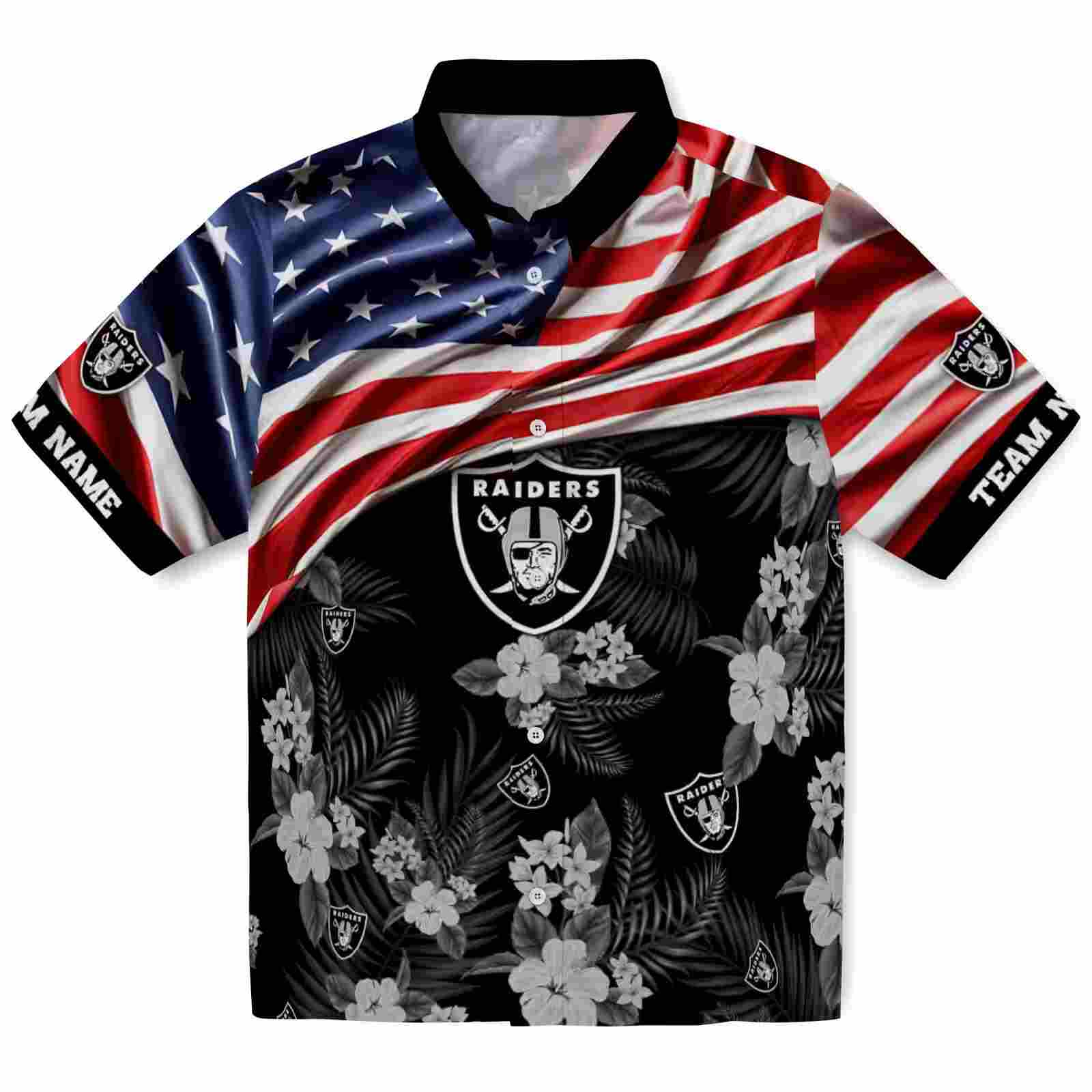 Customized Las Vegas Raiders US Flag Hibiscus Black Hawaiian Shirt