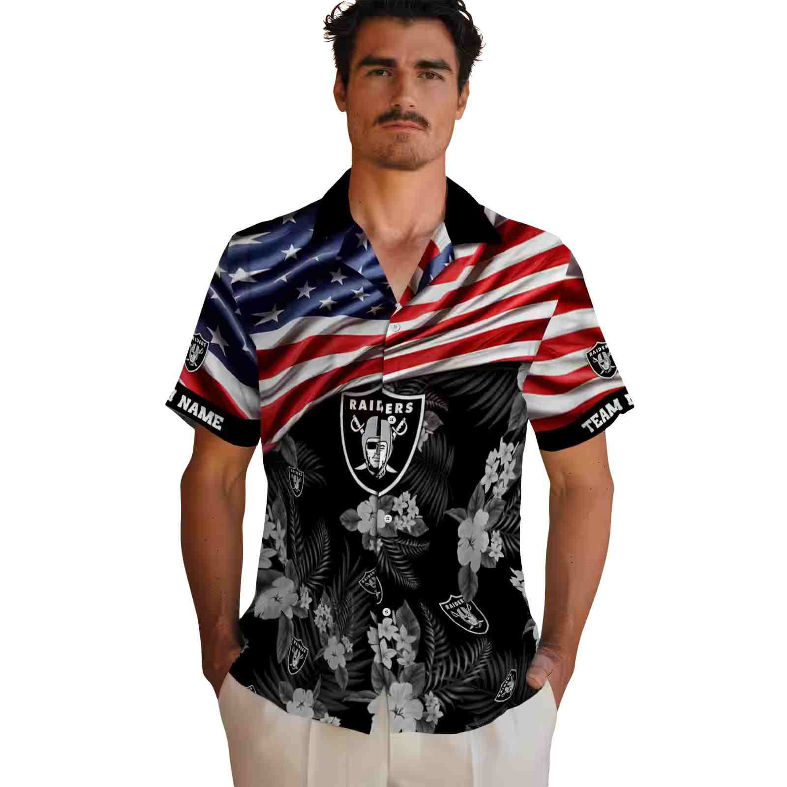 customized las vegas raiders us flag hibiscus black hawaiian shirt fashion forward