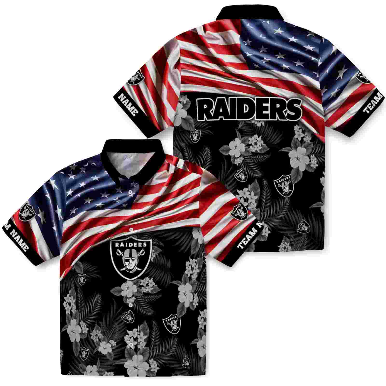 customized las vegas raiders us flag hibiscus black hawaiian shirt high quality