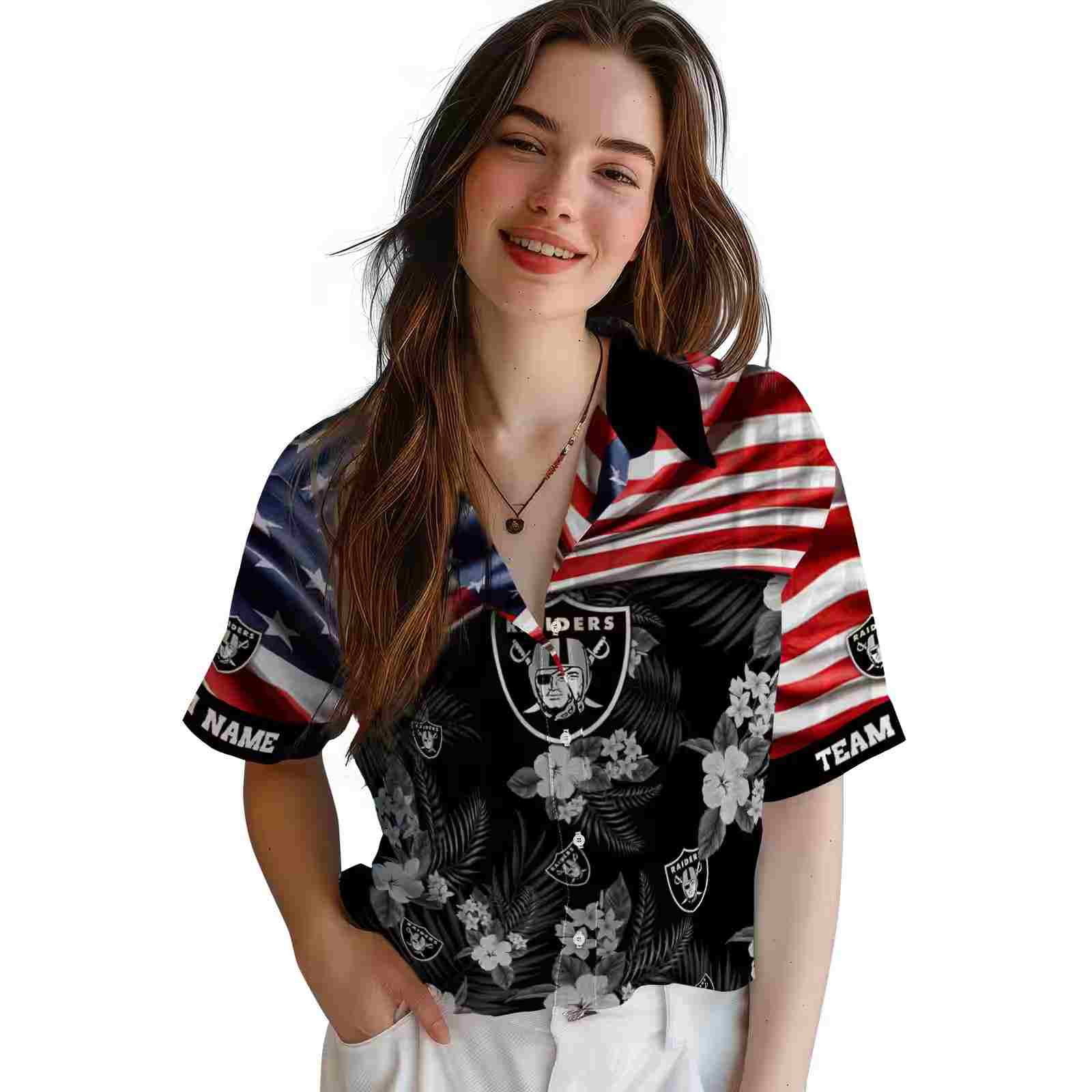 customized las vegas raiders us flag hibiscus black hawaiian shirt latest model