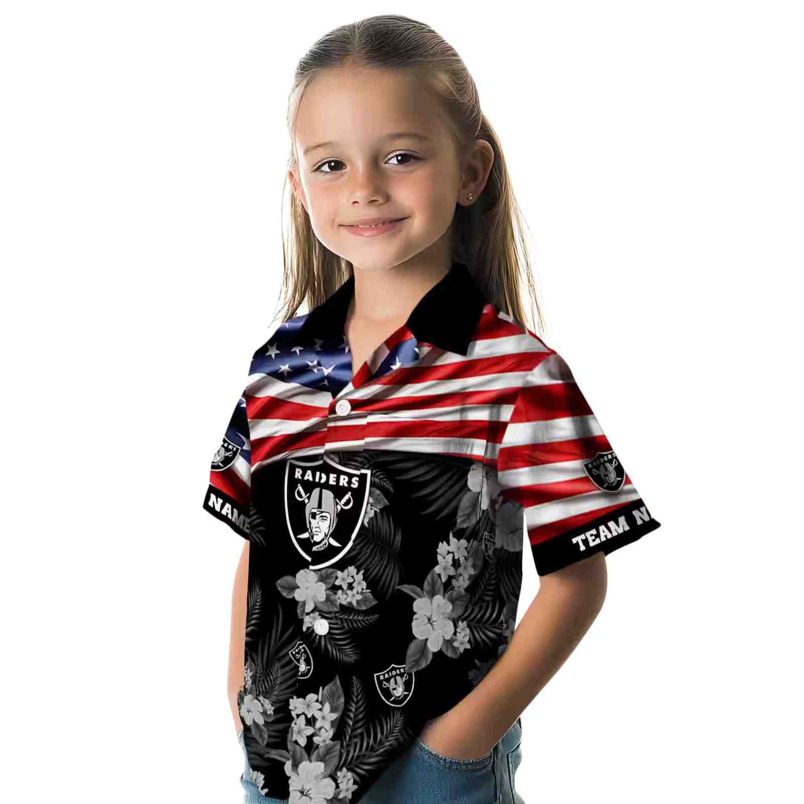 customized las vegas raiders us flag hibiscus black hawaiian shirt premium grade