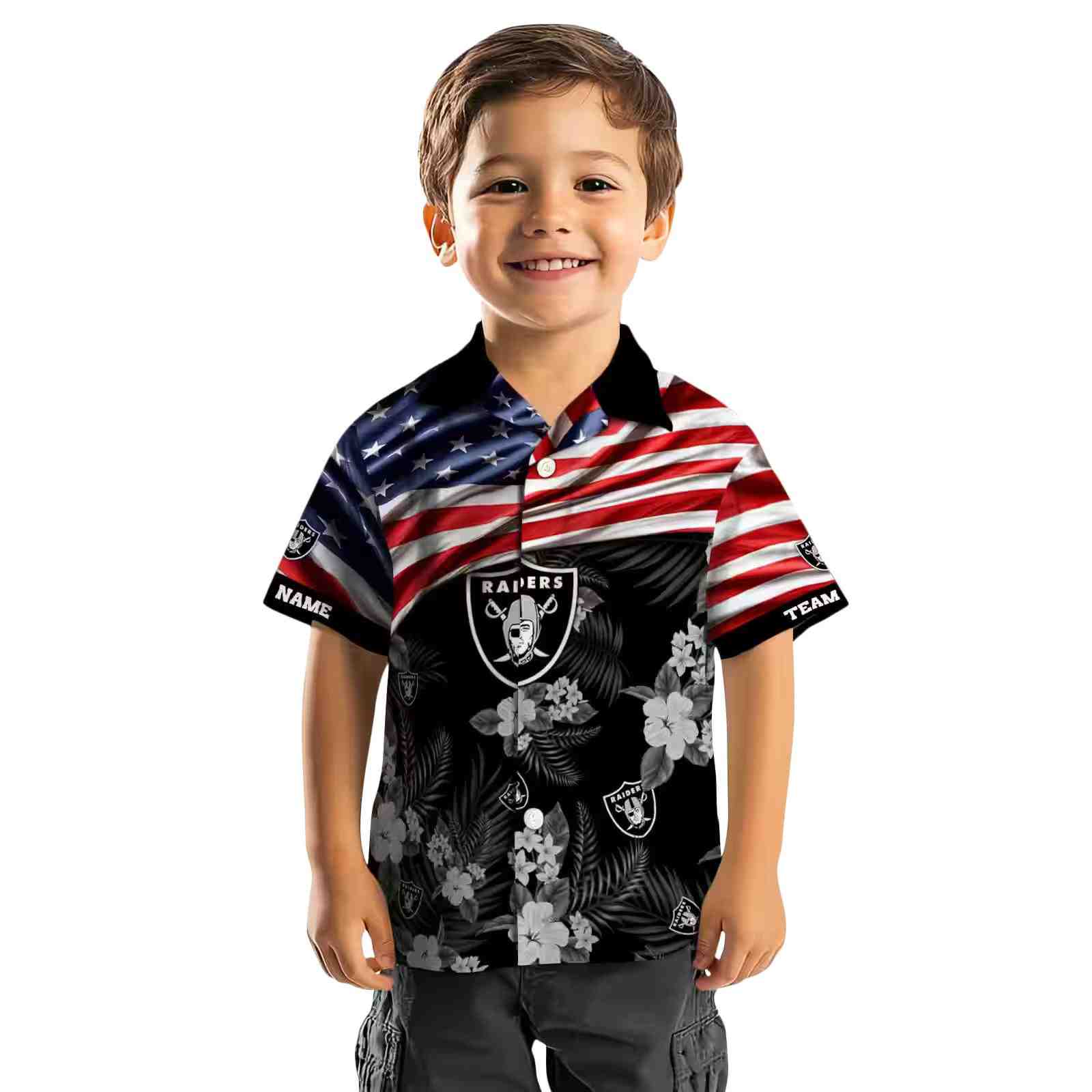 customized las vegas raiders us flag hibiscus black hawaiian shirt top rated