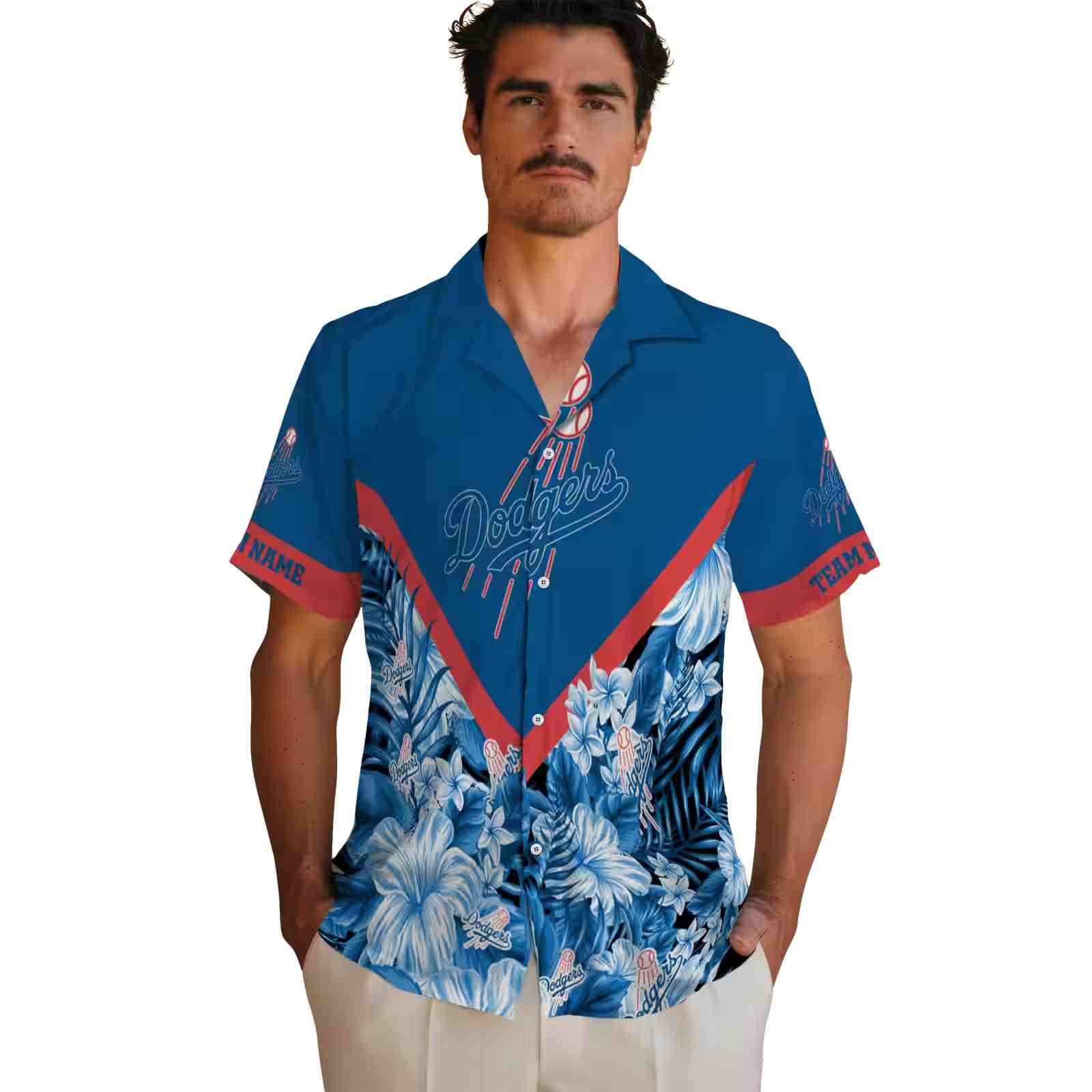 customized los angeles dodgers floral chevron blue hawaiian shirt fashion forward