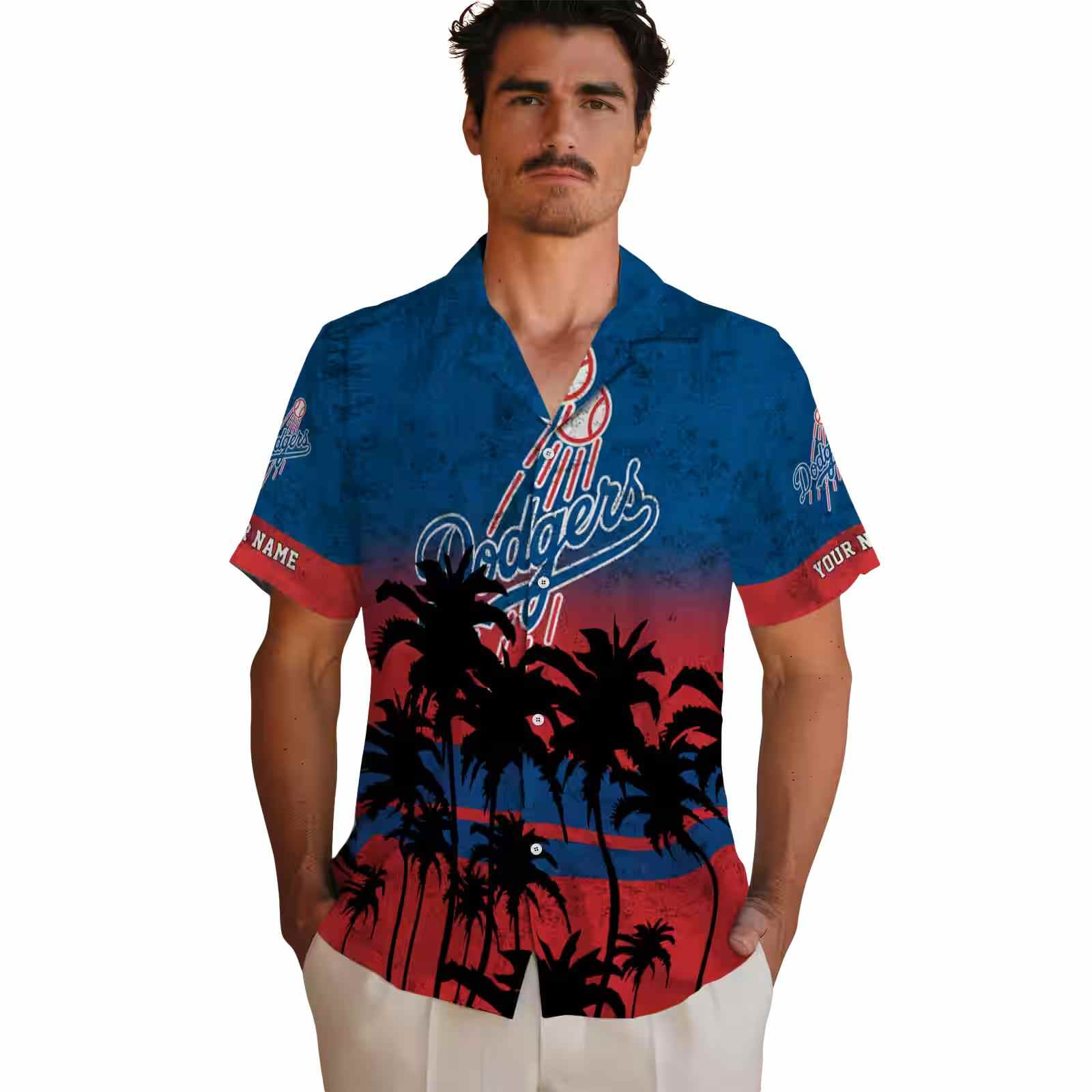 customized los angeles dodgers sunset pattern blue black hawaiian shirt fashion forward