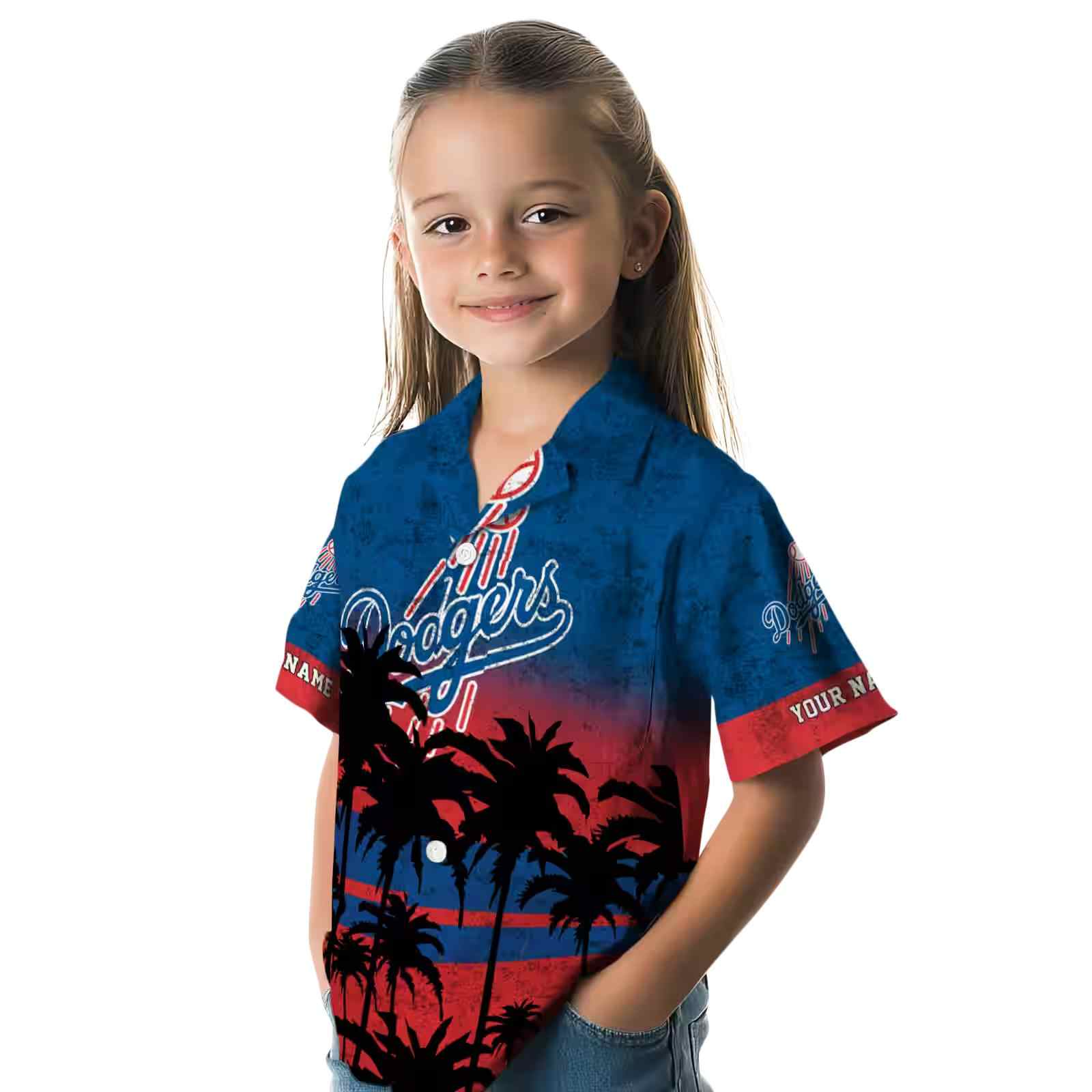 customized los angeles dodgers sunset pattern blue black hawaiian shirt premium grade