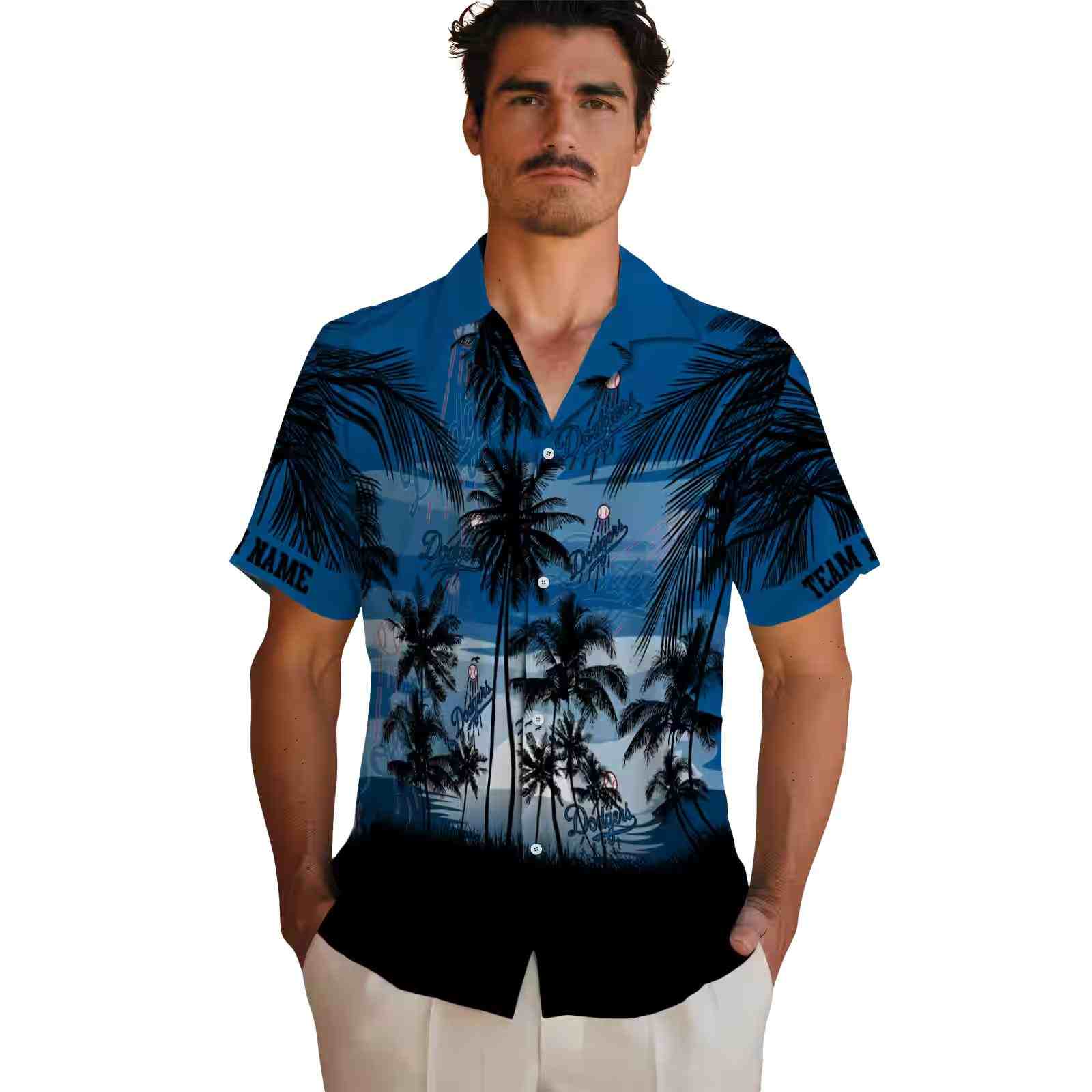 customized los angeles dodgers sunset scene blue black hawaiian shirt fashion forward