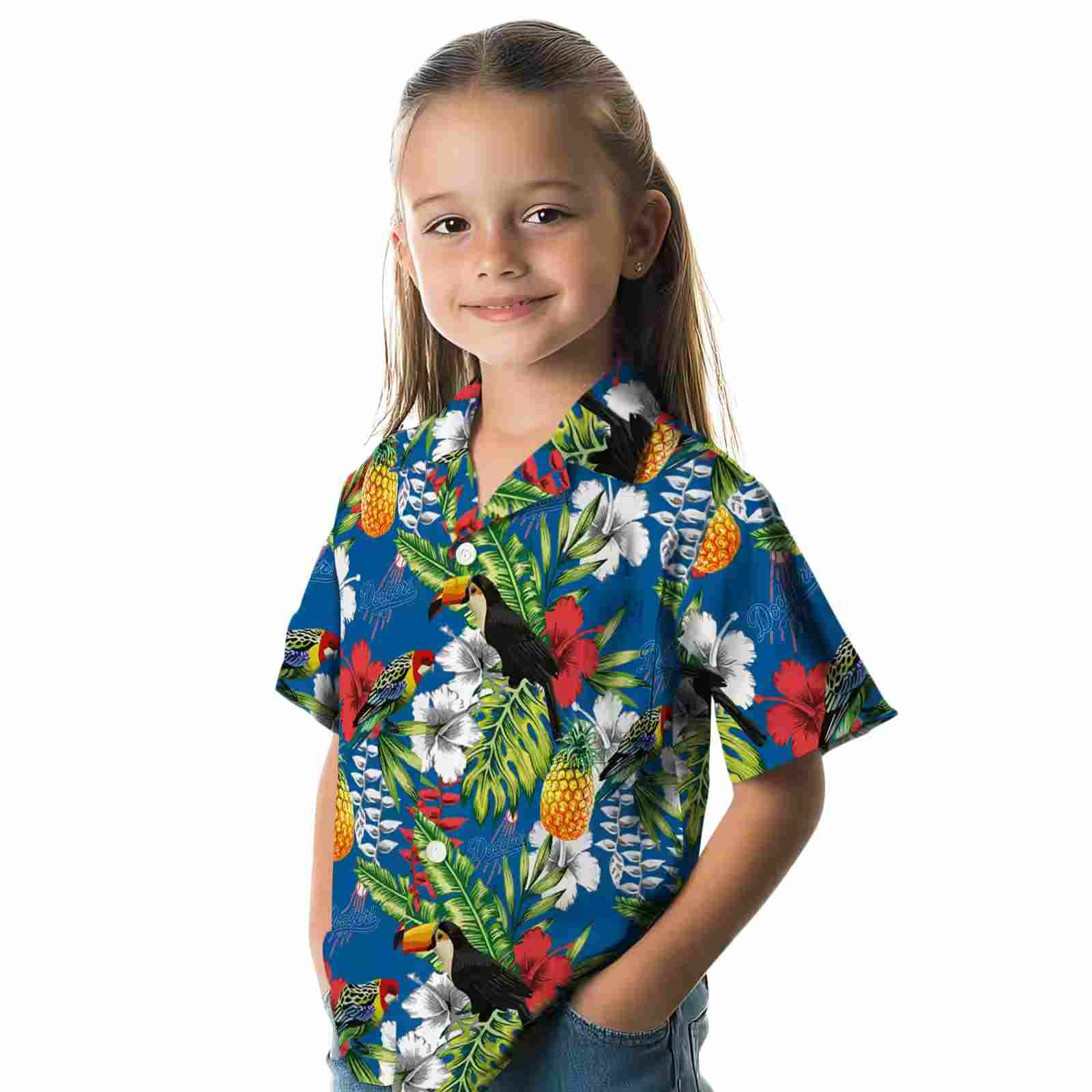 customized los angeles dodgers tropical toucan blue green hawaiian shirt premium grade